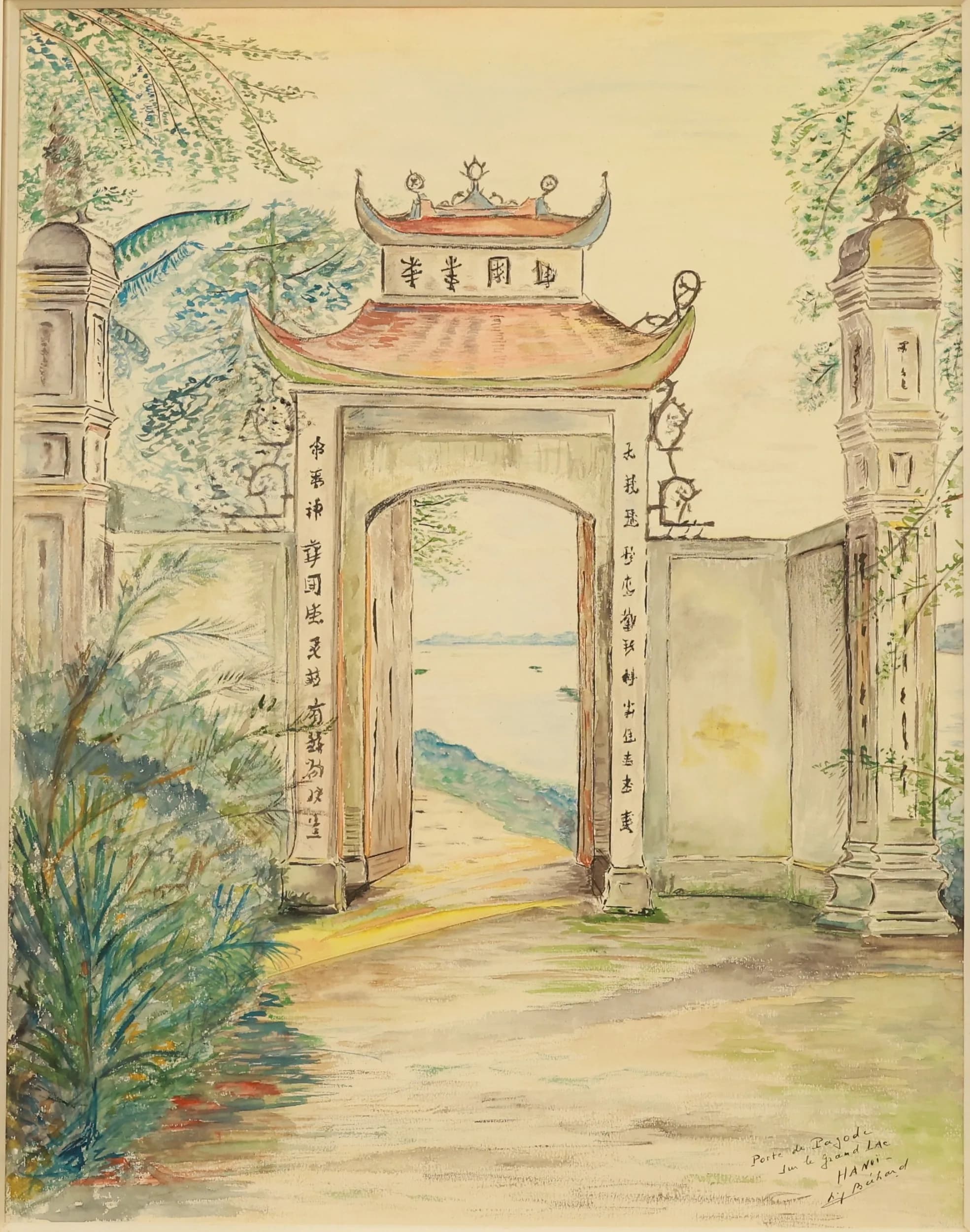 "Pagoda Gate on the Great Lake, Hanoi" by Berard, 44.5x35 cm, Color on paper. Berard was a European artist active in Indochina during the French colonial period, known for watercolor and mixed-media scenes of Hanoi - including views of pagodas around the Great Lake (Ho Tay / Ho Guom). This item is held at Cadmore ASIAN Office in Vietnam and will be shipped from there. Buyers will be responsible for direct shipping payments. Delivery will take slightly longer.