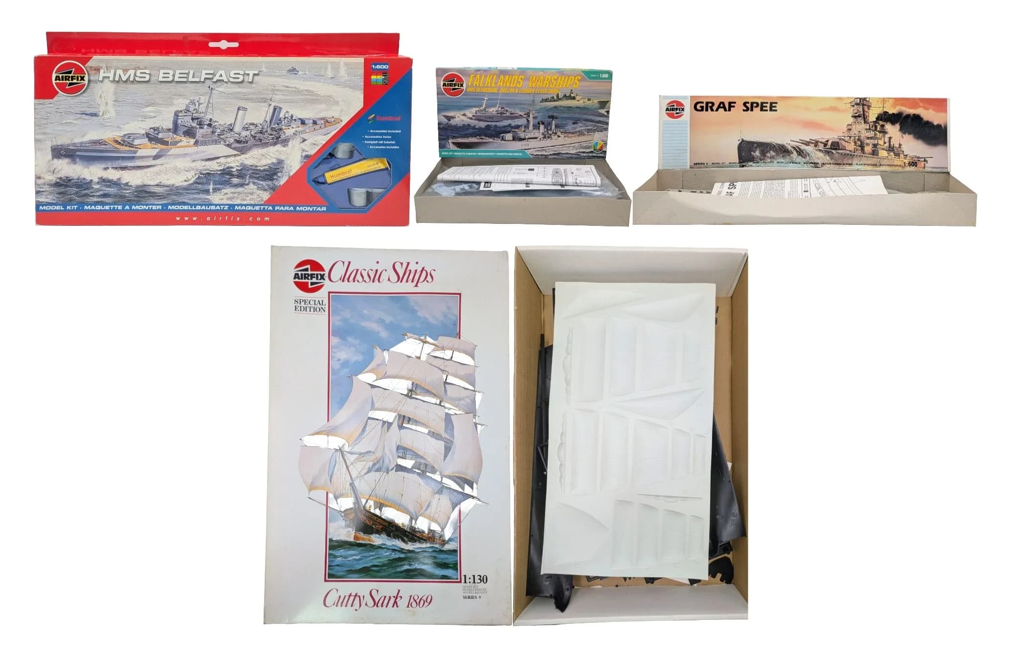 Four Airfix plastic model kits of boats. All unmade and complete. Including the Cutty Sark, classic ships moded. Some wear to boxes from storage.