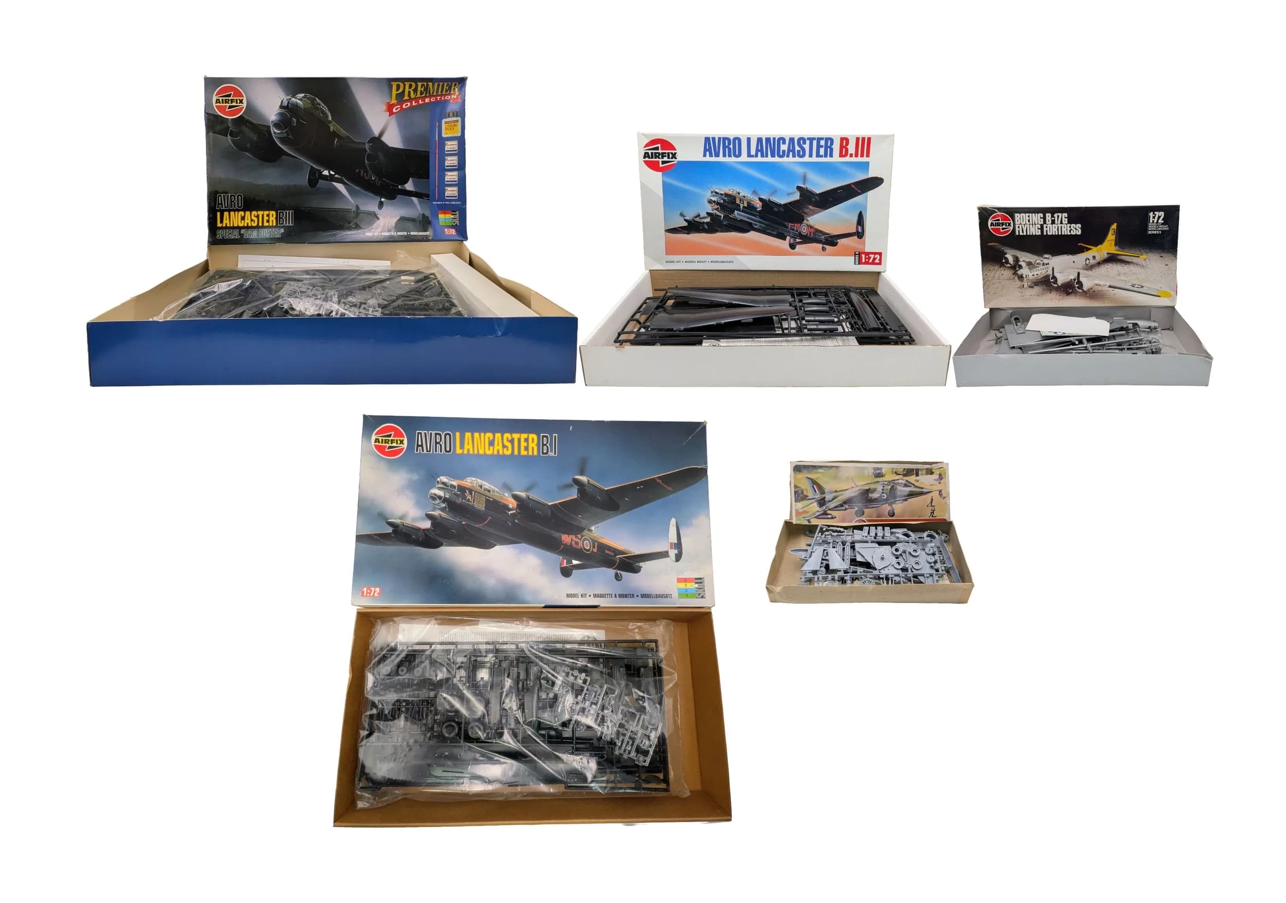 Five Airfix plastic model kits. All unmade and complete. Including 3 Lancasters, a Flying fortress and a Harrier. Some wear to boxes from storage.
