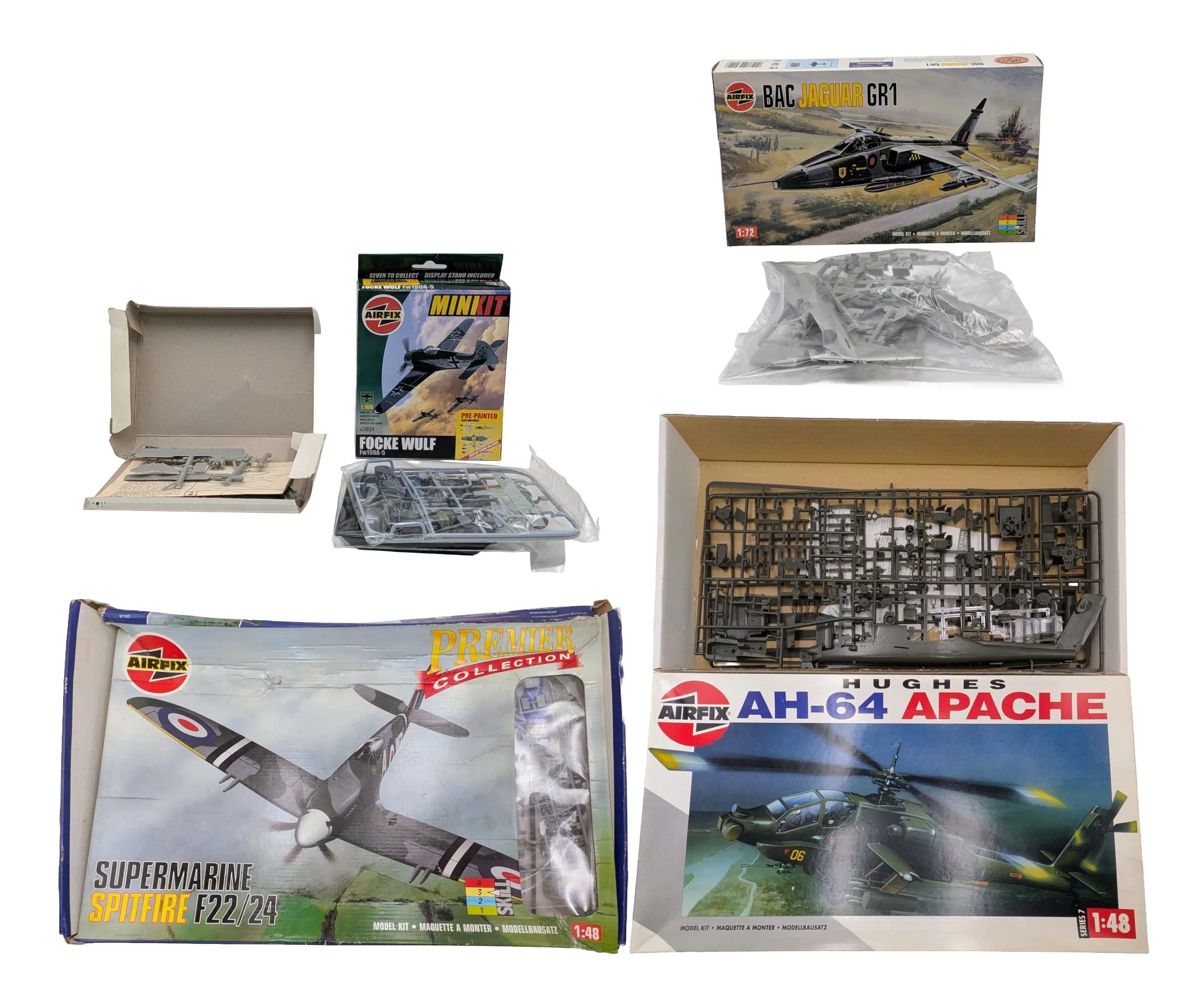 Five Airfix plastic model kits. All unmade and complete, apart from the Apache which has no instructions. Some wear to boxes from storage.