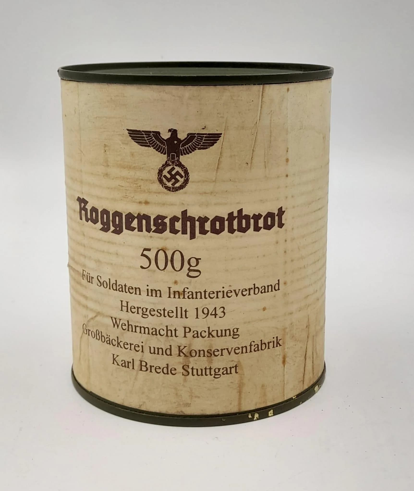 A WW2 German Army Issue 1943 Dated Can of Bread. This is for display only and NOT for eating.