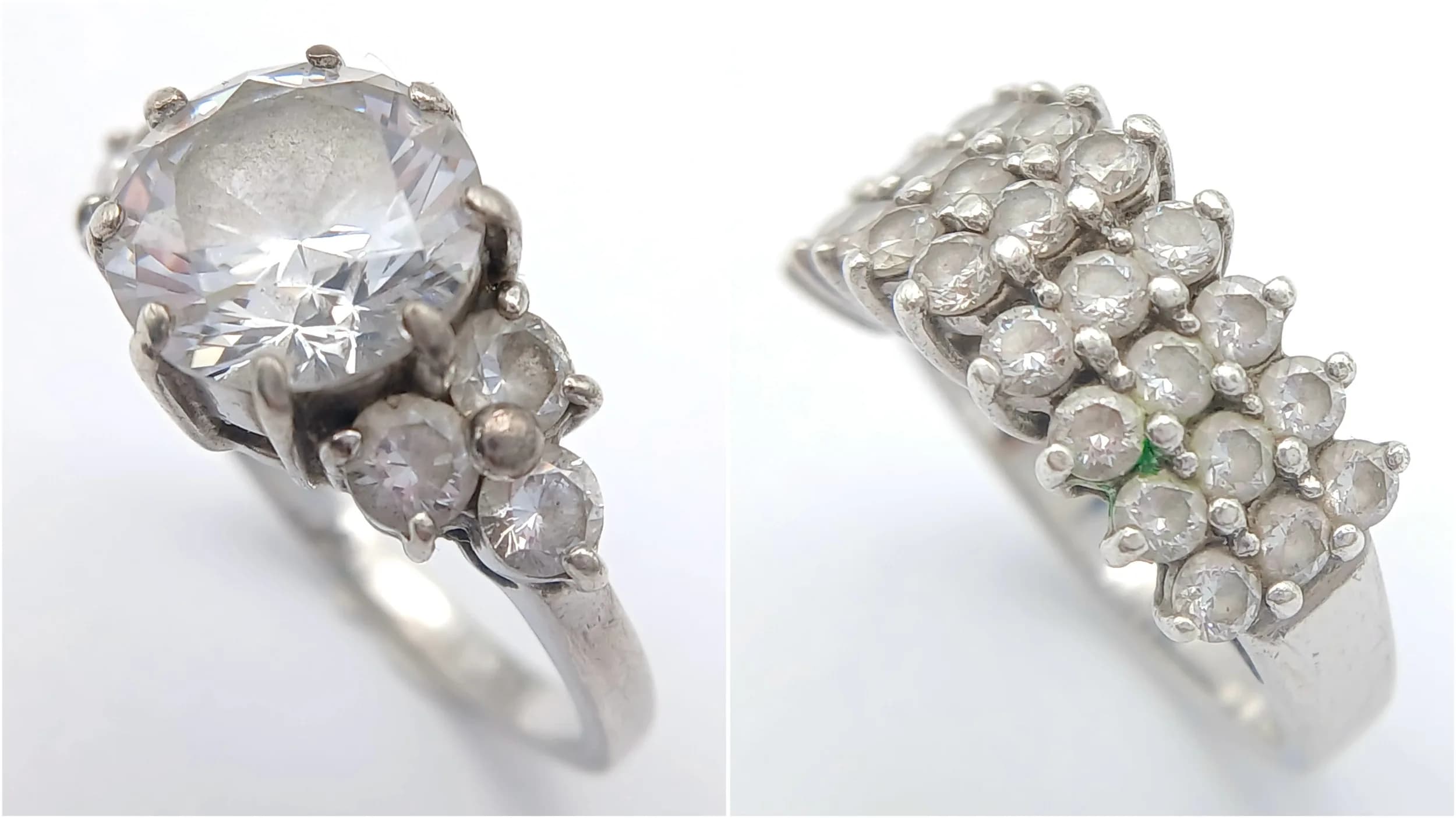 A PAIR OF STERLING SILVER, STONE SET RINGS. BOTH SIZE N. 10.2G. TREV SIL 6005