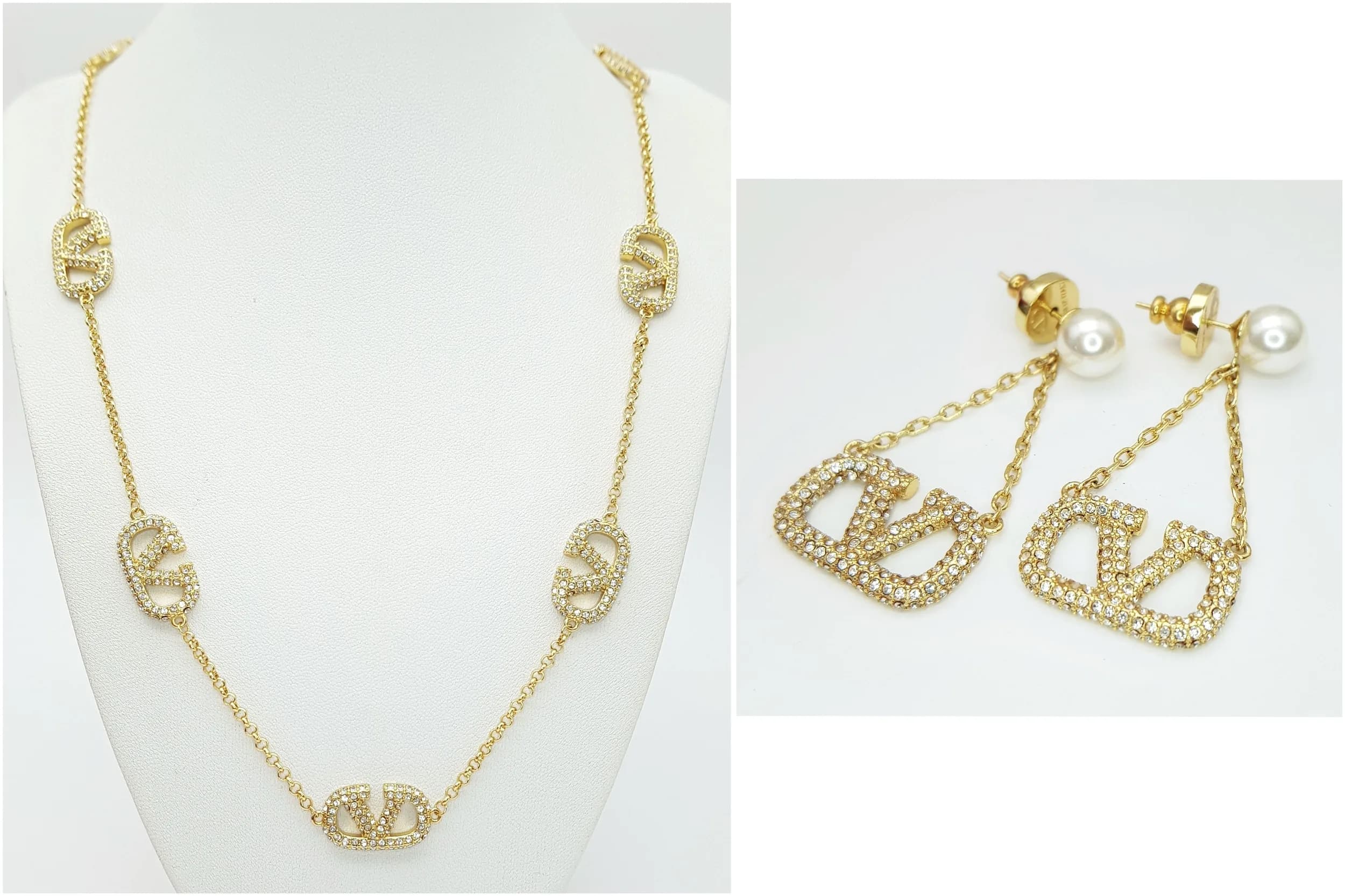 A Valentino Garavani VLogo Necklace and Earrings Set. Gold-toned set with white stones. Earrings with imitation pearls. 63cm length necklace, 43mm length earrings. Comes with box, pouch, cushion and care booklet.
