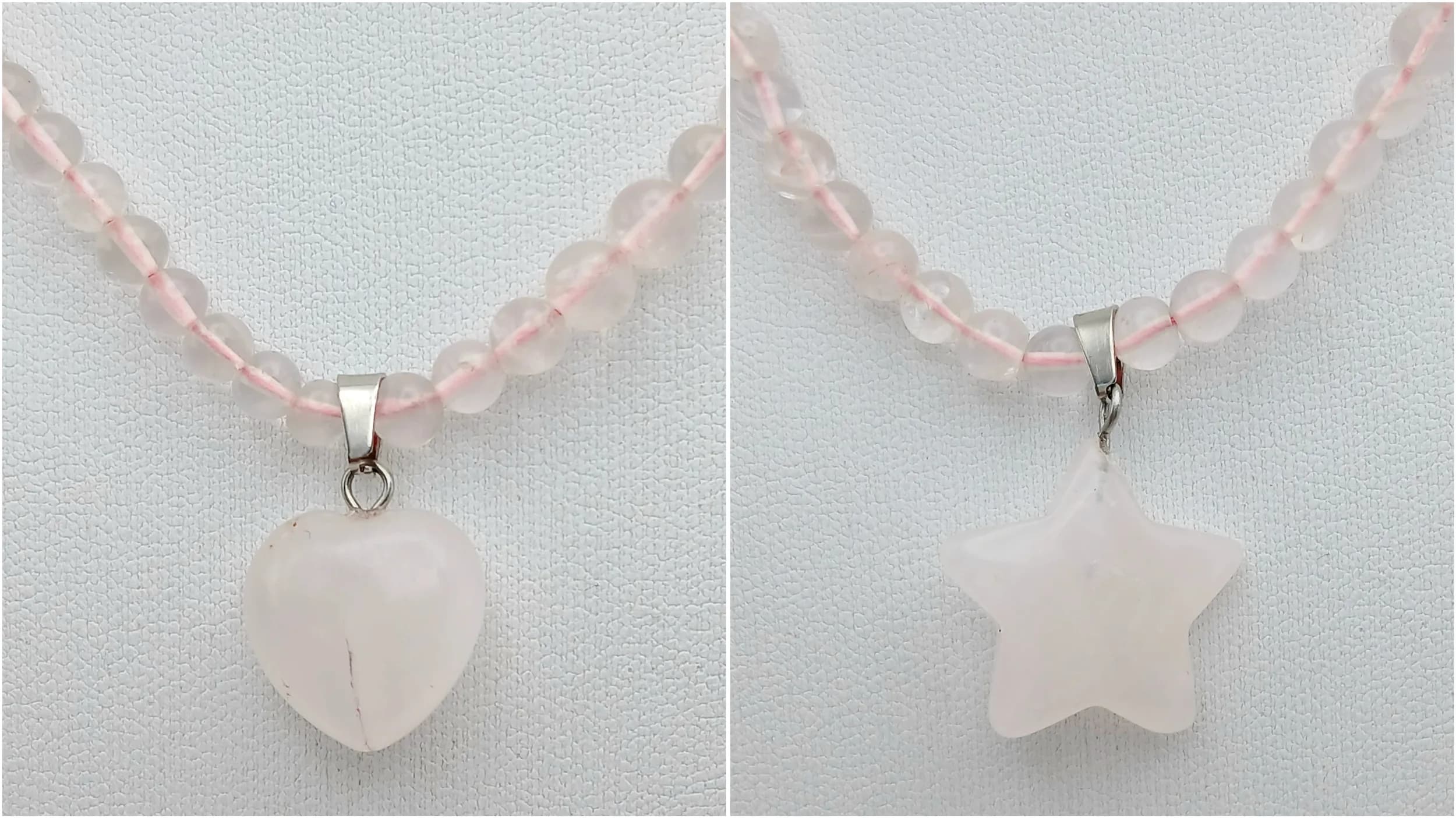 Two Rose Quartz Necklaces. Heart and star shaped pendants. 50cm and 46cm. MK26.