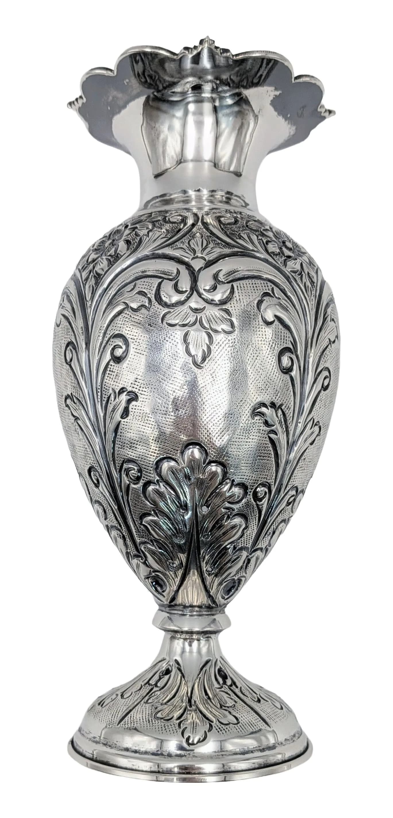 An Antique Turkish 900 Silver Flower Vase - Featuring intricate floral motifs across its base and body. Flared rim and circular base.21cm tall. 283g.