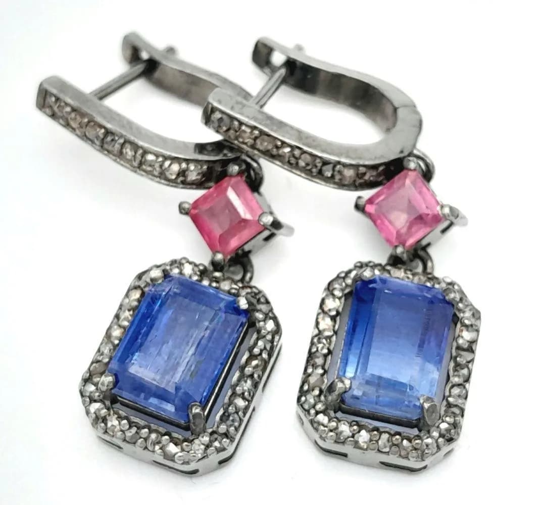 A Pair of Kyanite, Ruby and Diamond Silver Drop Earrings. Ruby- 1.10ctw, Kyanite- 4.10ctw, Diamond - 0.95ctw. 2cm drop. HV2252