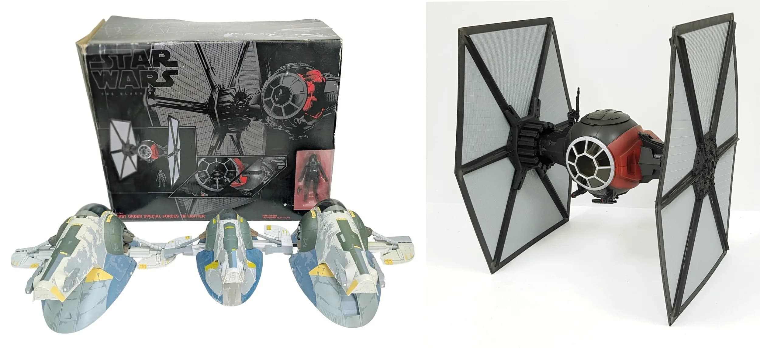A collection of Star Wars toys by Hasbro. A large Tie fighter & three Slave 1 ships. Tie fighter is complete but the box is damaged.