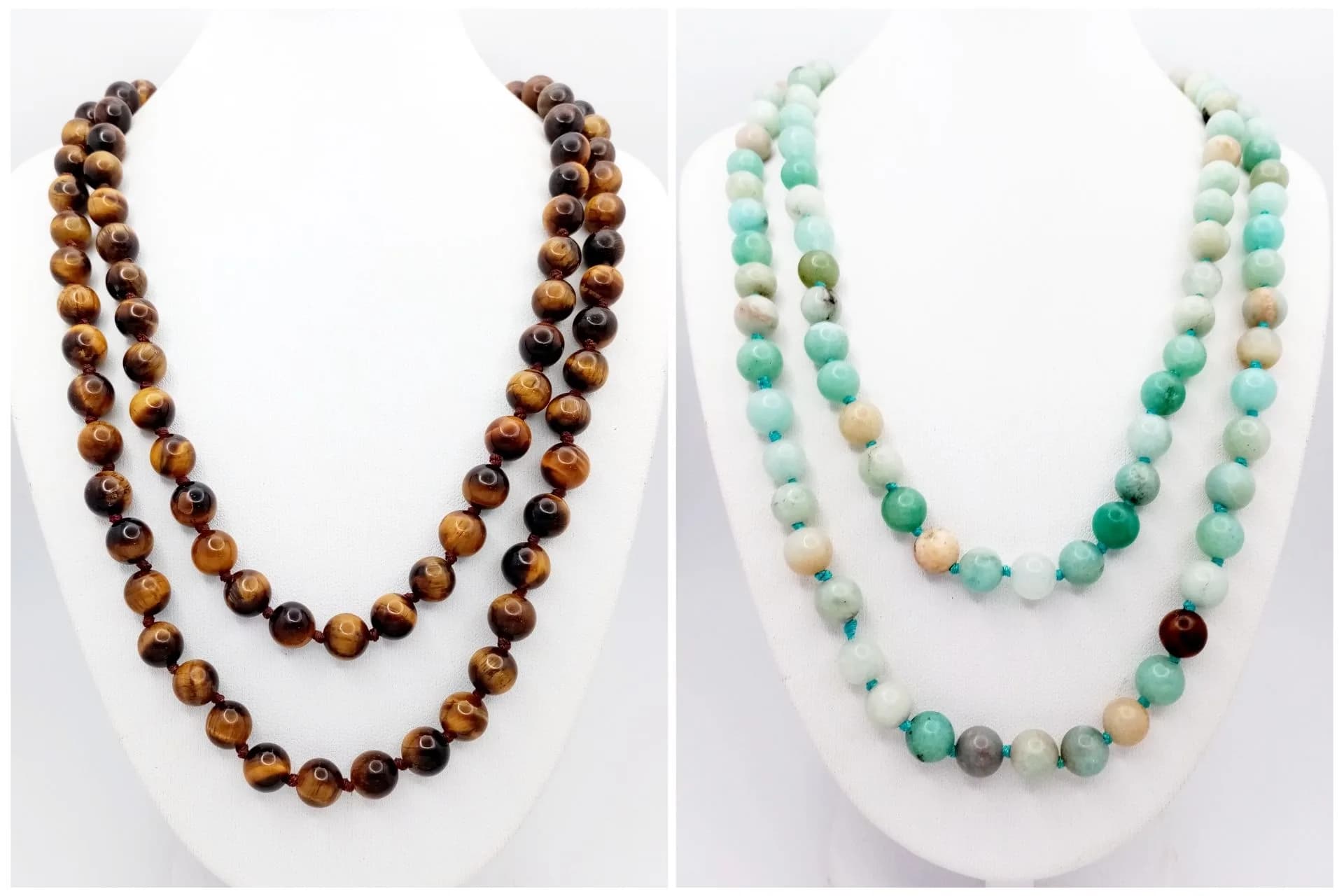A Matinee Length Tigers Eye and Amazonite Beaded Necklace. 8mm beads. 90cm lengths.