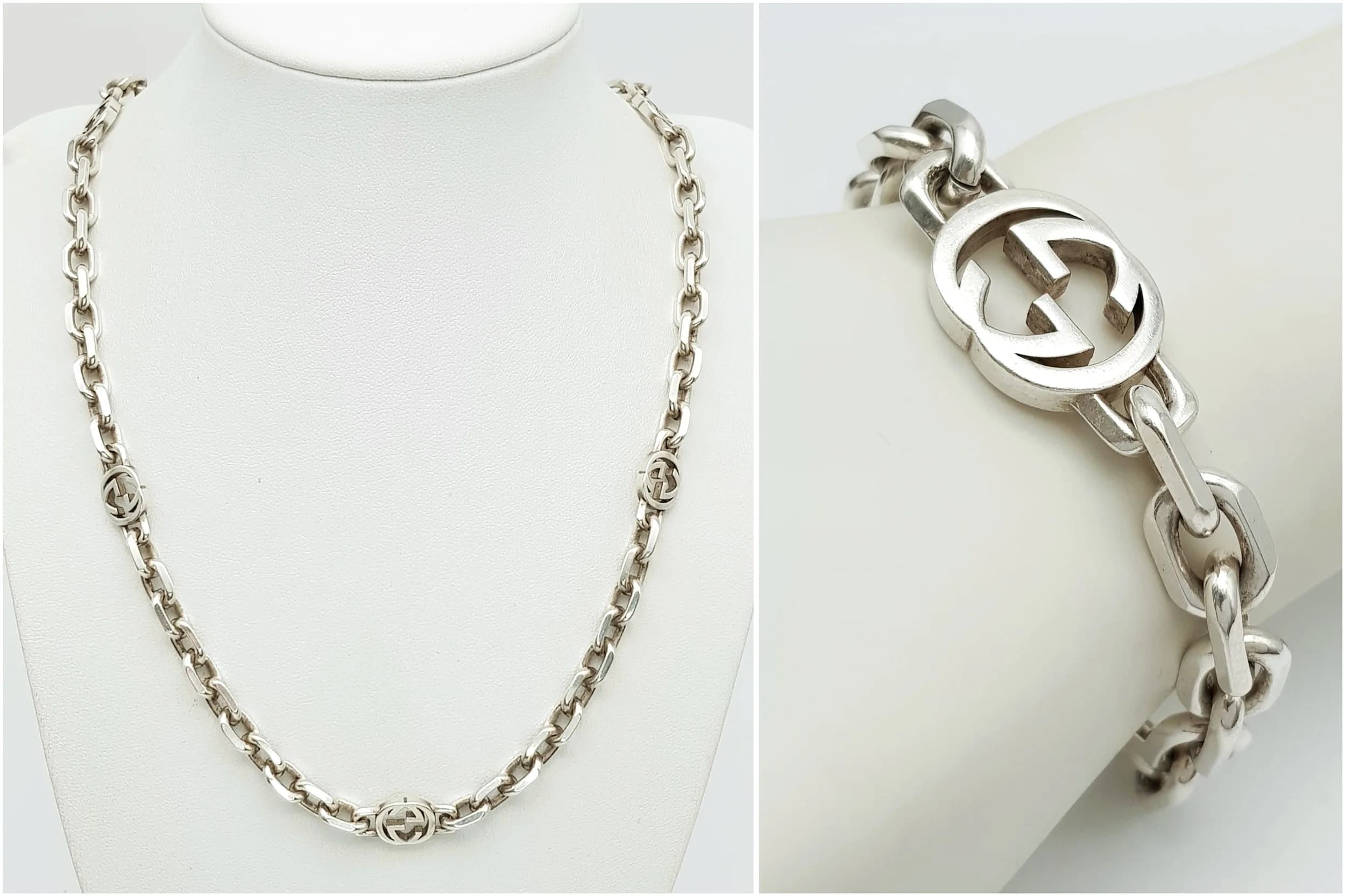 A Set of Sterling Silver Gucci Interlocking G Chain Necklace and Bracelet - 19cm, 46g. Chain - 48cm, 51g. Both with original luxury packaging and receipts. Ref: 028969