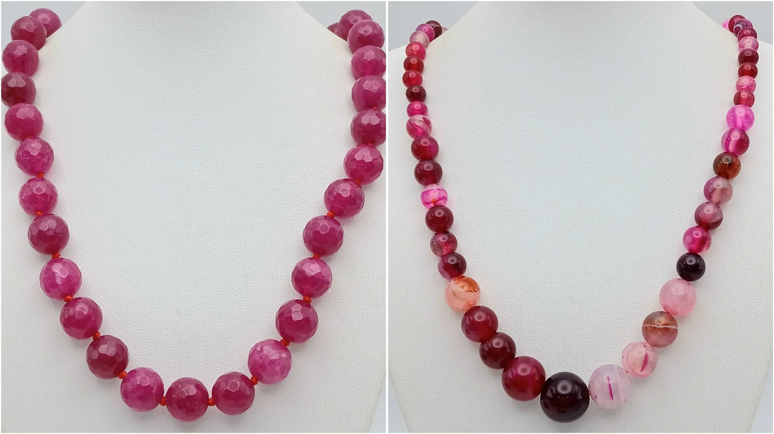 A Faceted Rose Red Jade Necklace PLUS a Graduating Red Agate Striped Bead Necklace. Both 44cm.