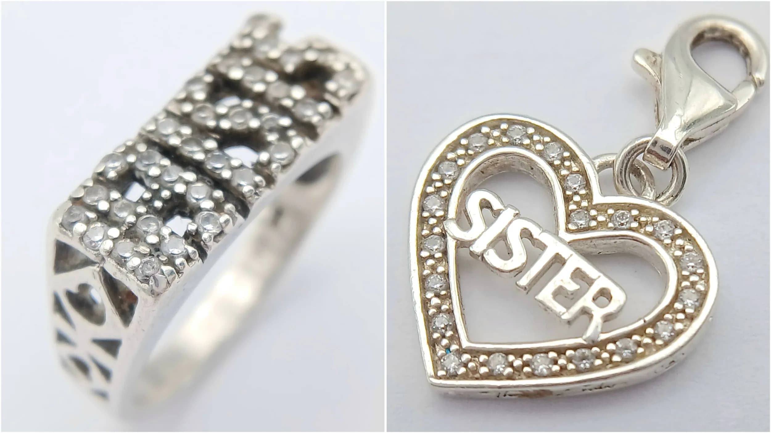 A THOMAS SABO STERLING SILVER, STONE SET, SISTER CHARM ALONG WITH A STERLING SILVER STONE SET SISTER RING, SIZE S. 7.3G. TREV SIL 6002