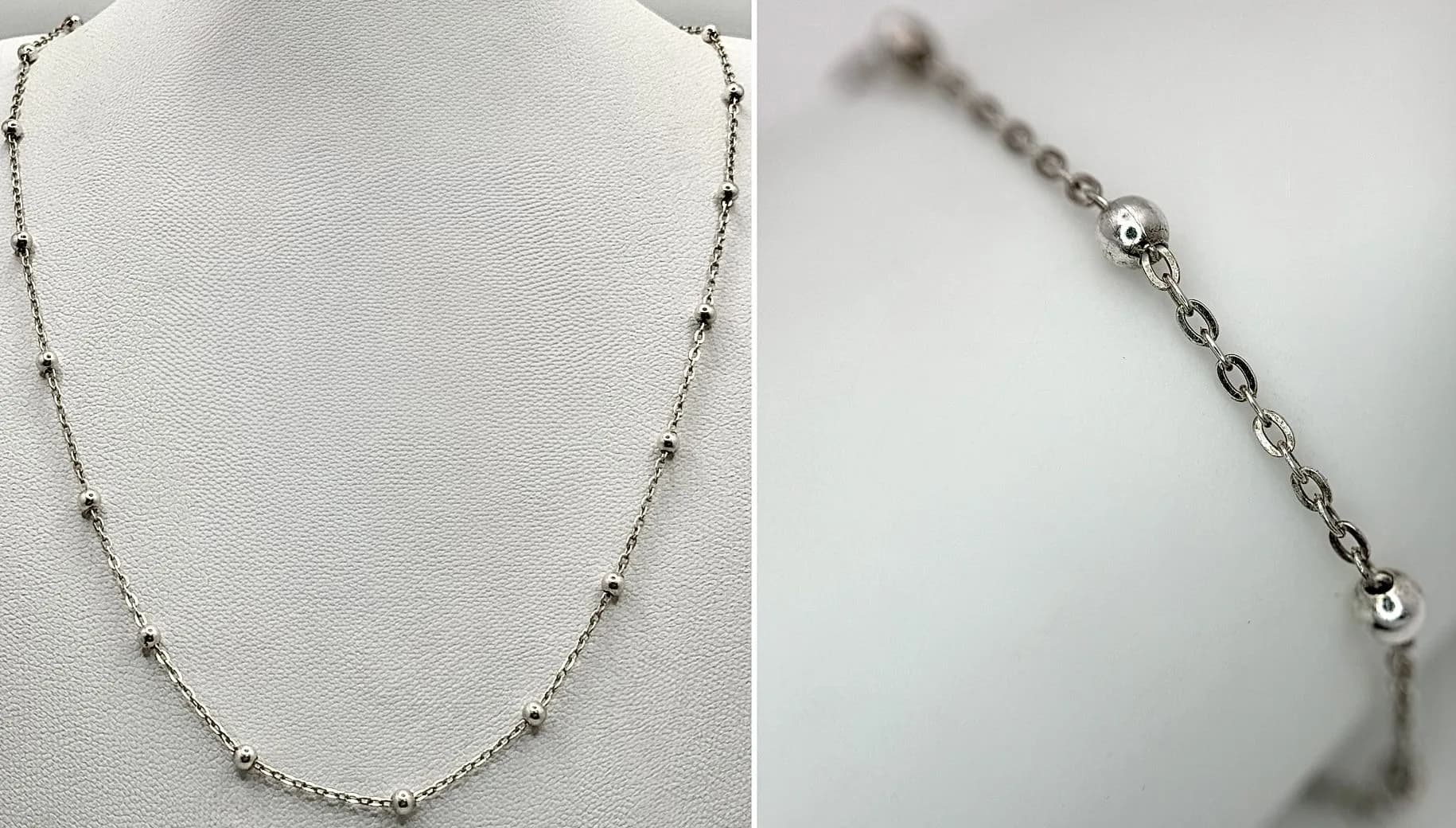 A 925 Silver Bead Station Necklace and Bracelet Set. 45.5cm length necklace, 18.5cm length bracelet. 4.26g total weight.