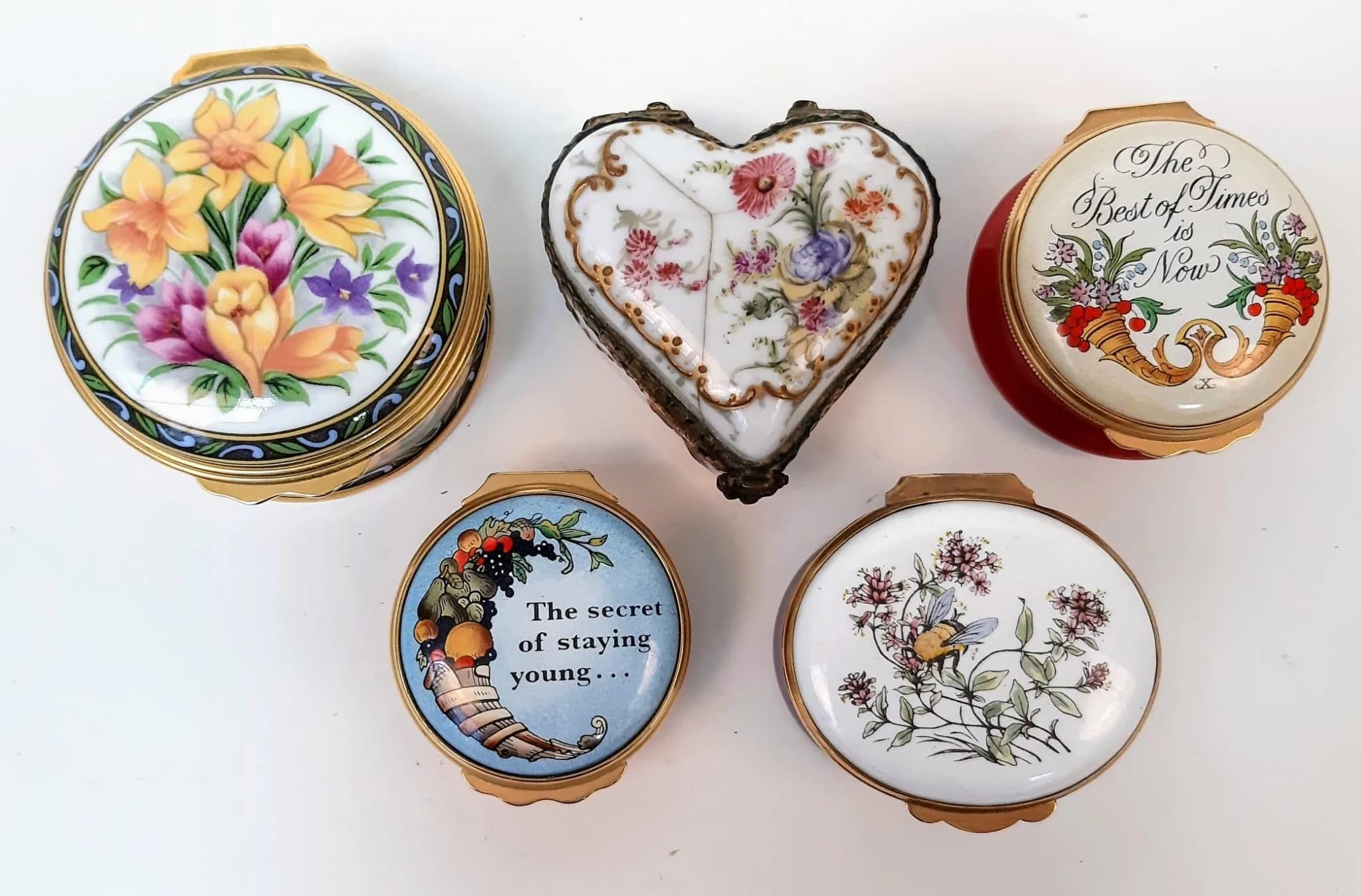 A Selection of Five Vintage/Antique Ceramic and Enamel Small Trinket Boxes. Different shapes, styles and sizes.