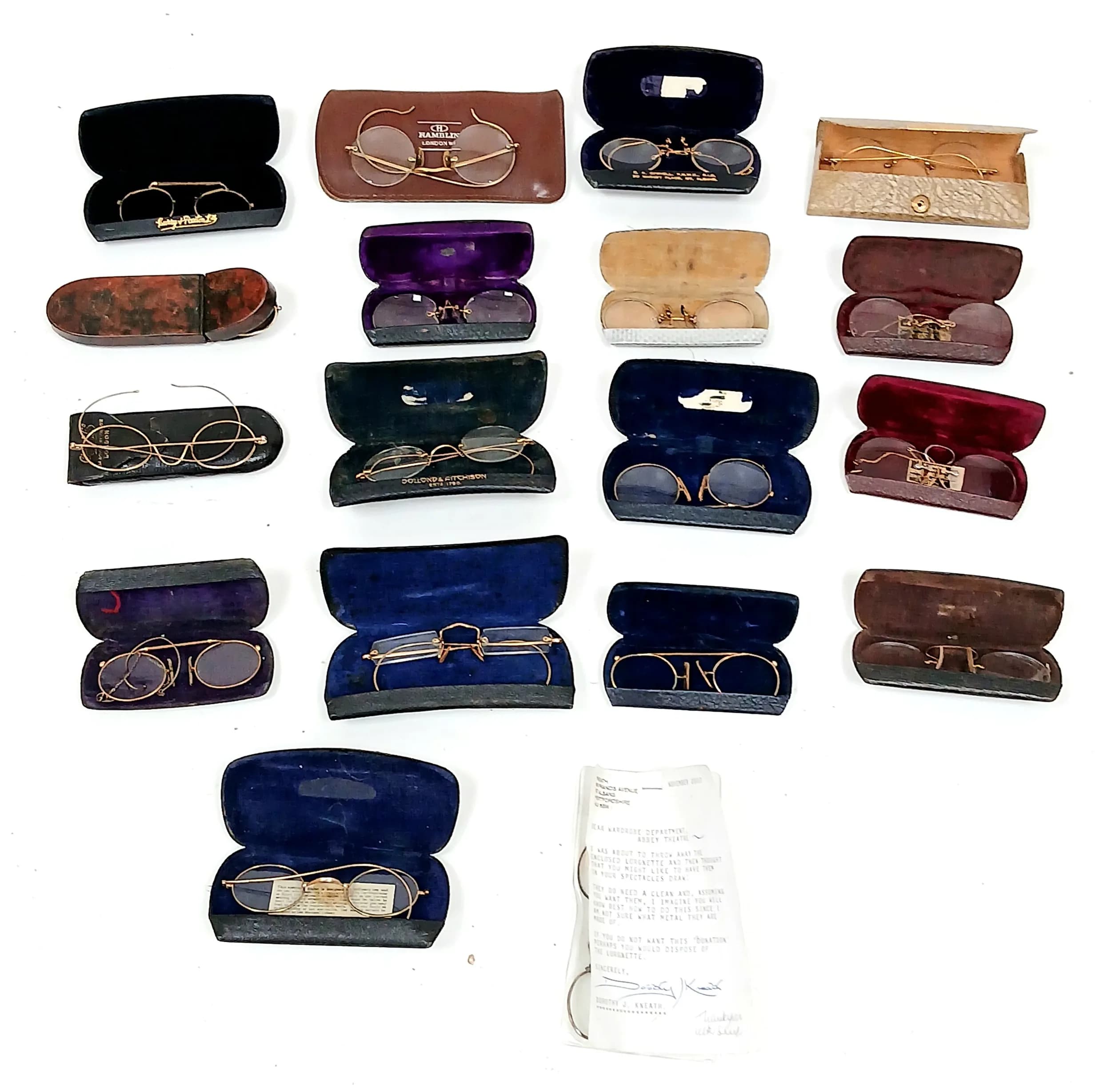 A Collection of Vintage Spectacles with Cases. Comprising assorted gold tone and silver tone spectacles, housed in various leather, faux leather and card cases. Some cases with retailer or optician details. Please see photos for details.
