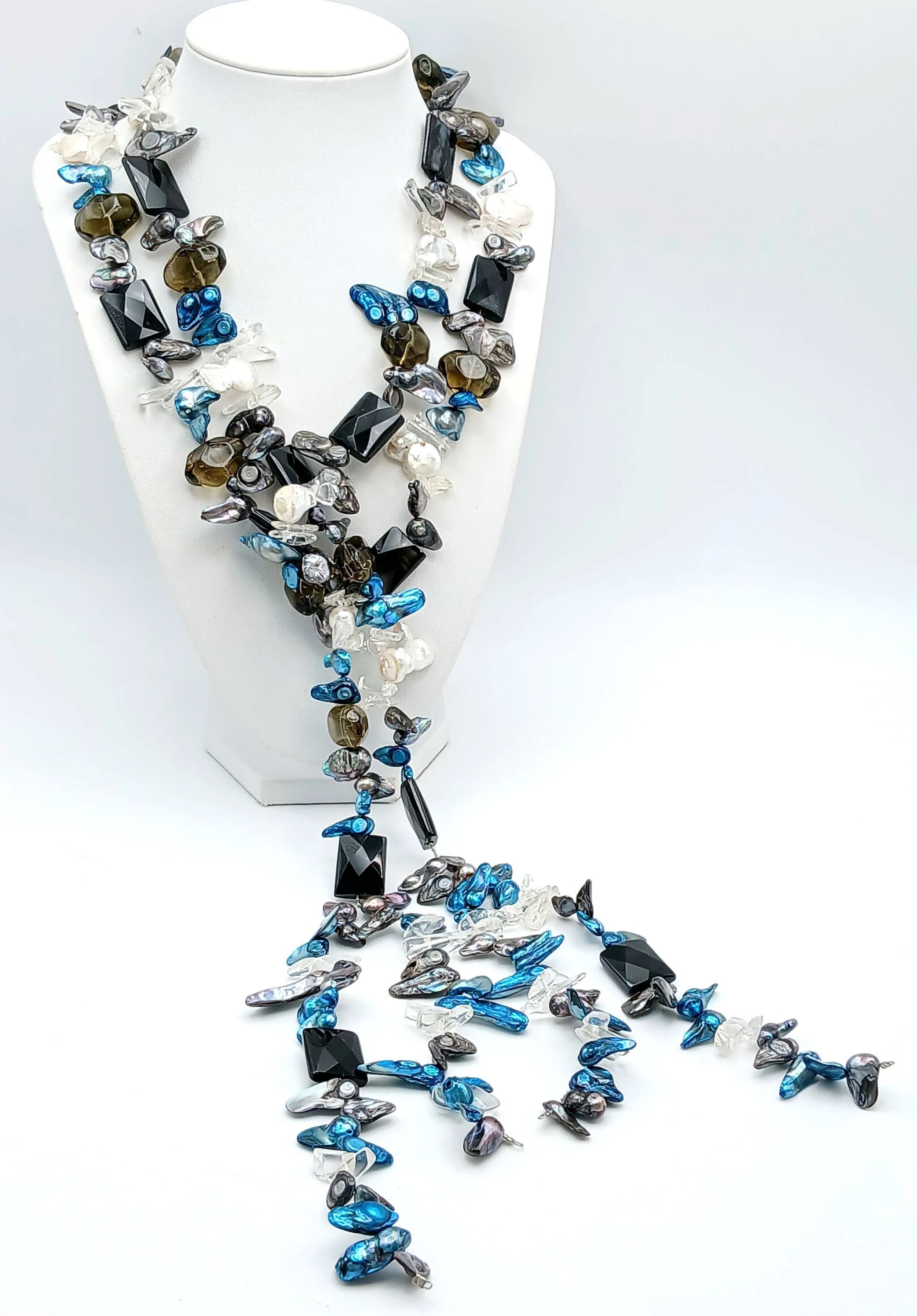 A very long Mixed Stone and Glass Bead Scarf Necklace-148cm Length. Strung with freshwater pearls, smoky quartz, clear quartz and onyx beads. Please see photos for details.