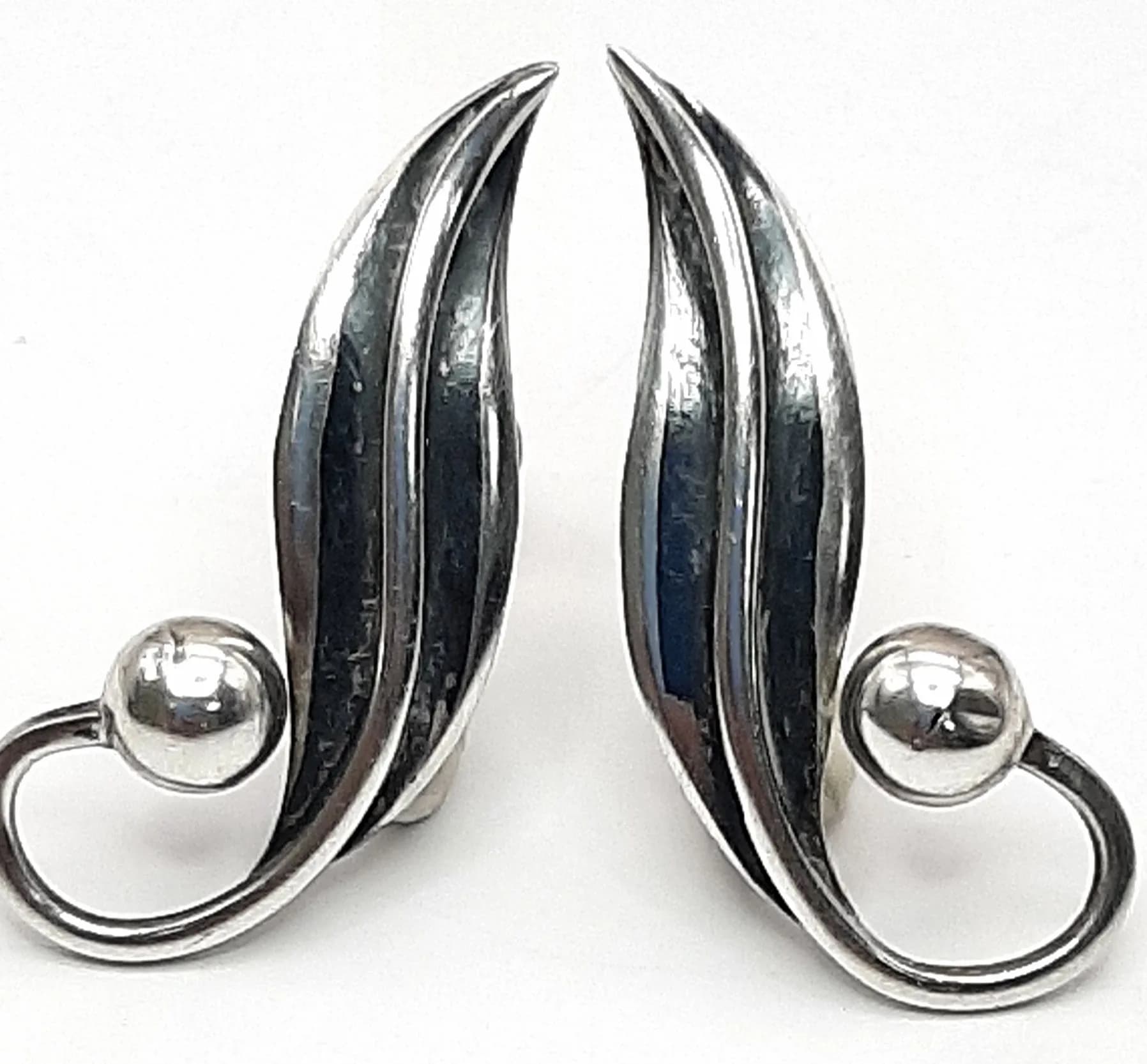 A Pretty Pair of 925 Silver Wave Earrings. Each earring designed with polished silver wave detail and screw back clip fittings. Approx 3.5cm x 1.5cm. Total weight 6.47 grams.