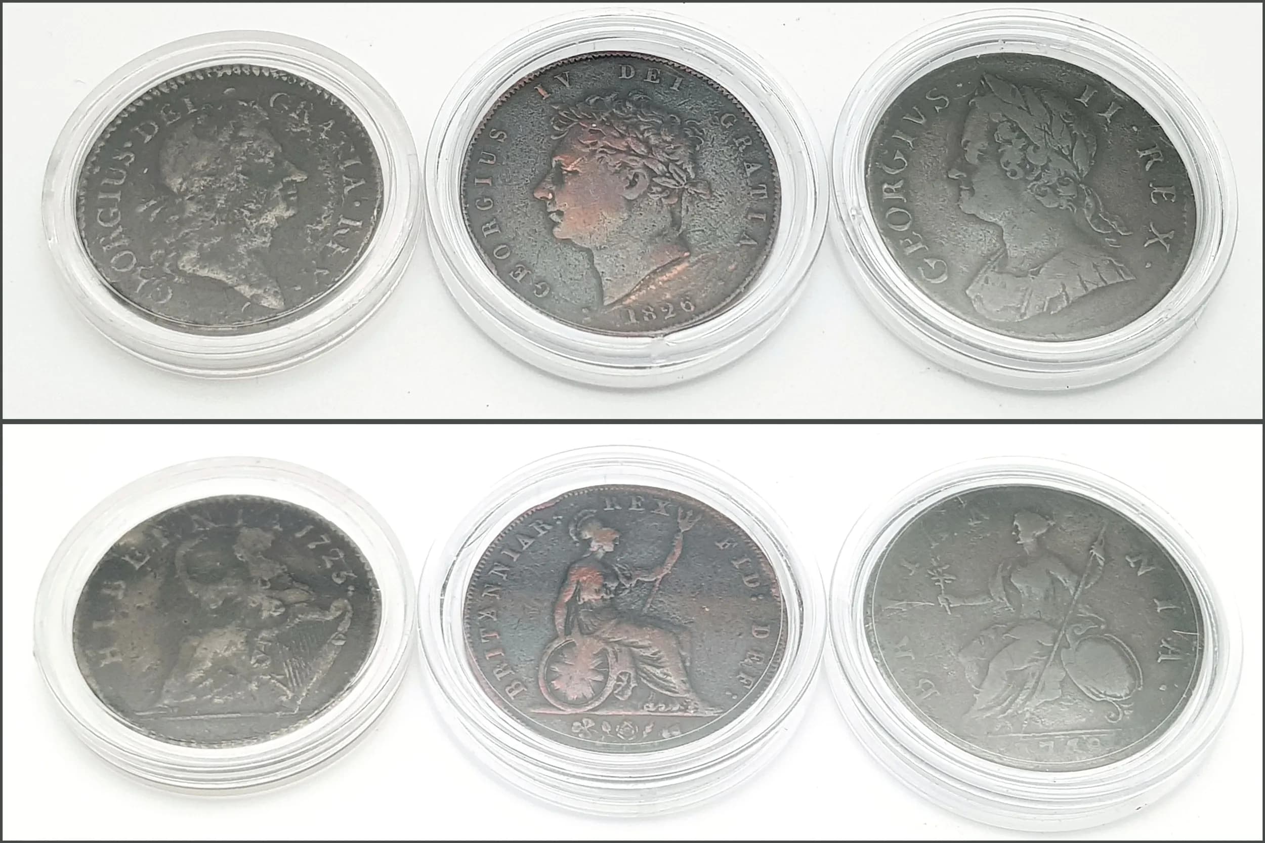 An 1826 George IV Half Penny Coin (VF), a 1748 George II Halfpenny (F) and a 1723 Hibernia Half Penny Coin (F).