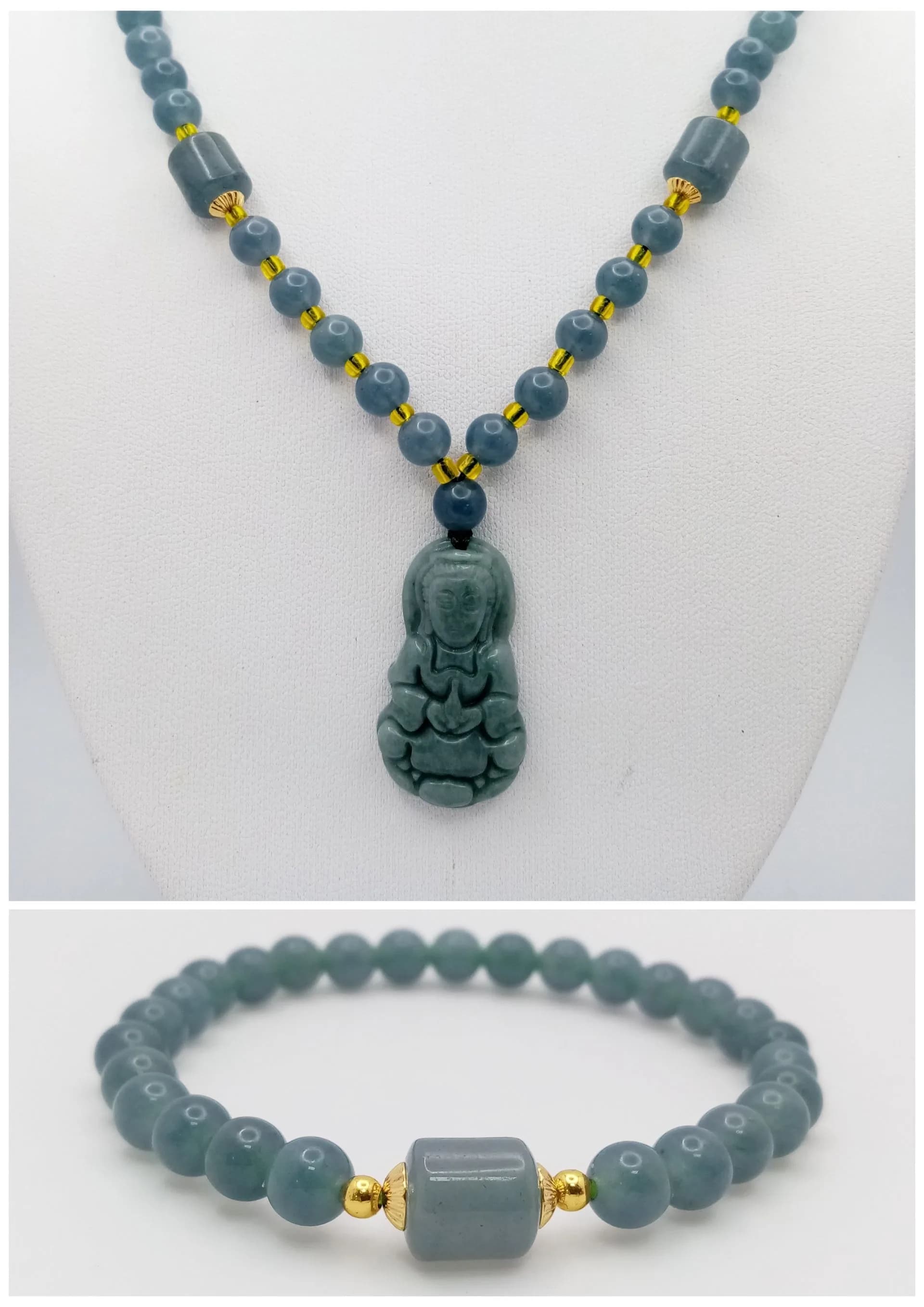 A Blue Jade Necklace and Bracelet prayer jewelry Set. Approx 44cm necklace length, strung with blue jade beads and a carved Buddha pendant, with gold-tone spacers and matching expandable blue jade bead bracelet.