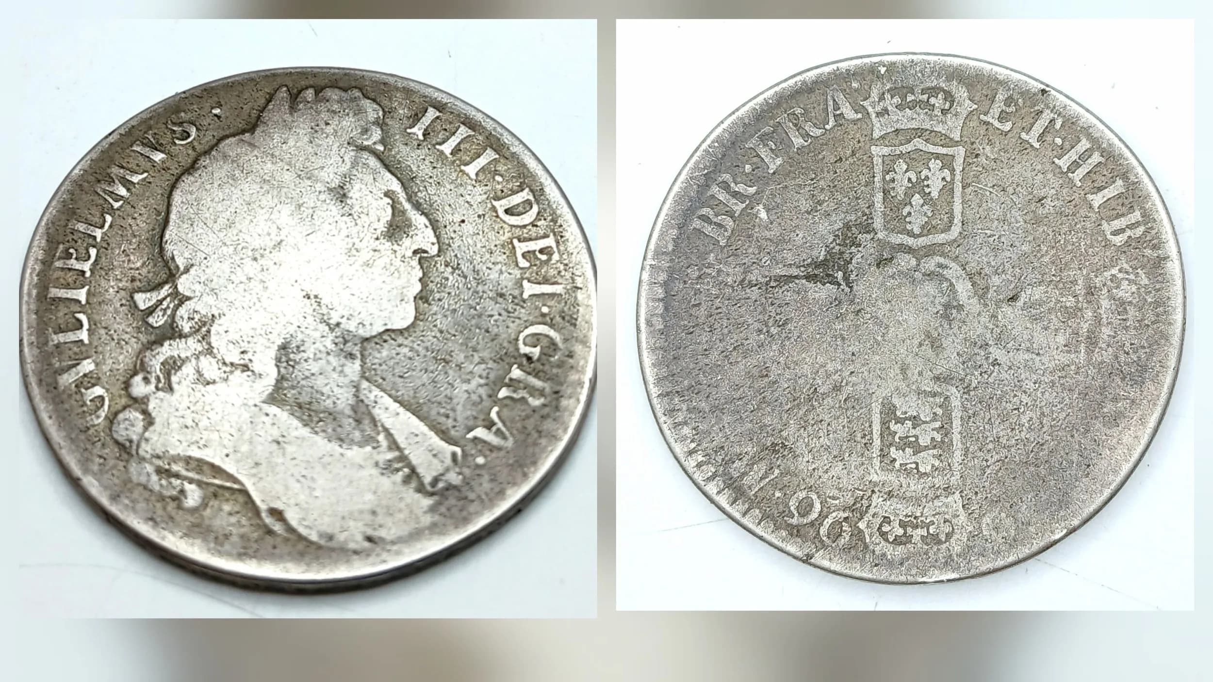1696 WILLIAM III (William of Orange) SILVER HALF CROWN coin. Worn/fair condition. Please see pictures.