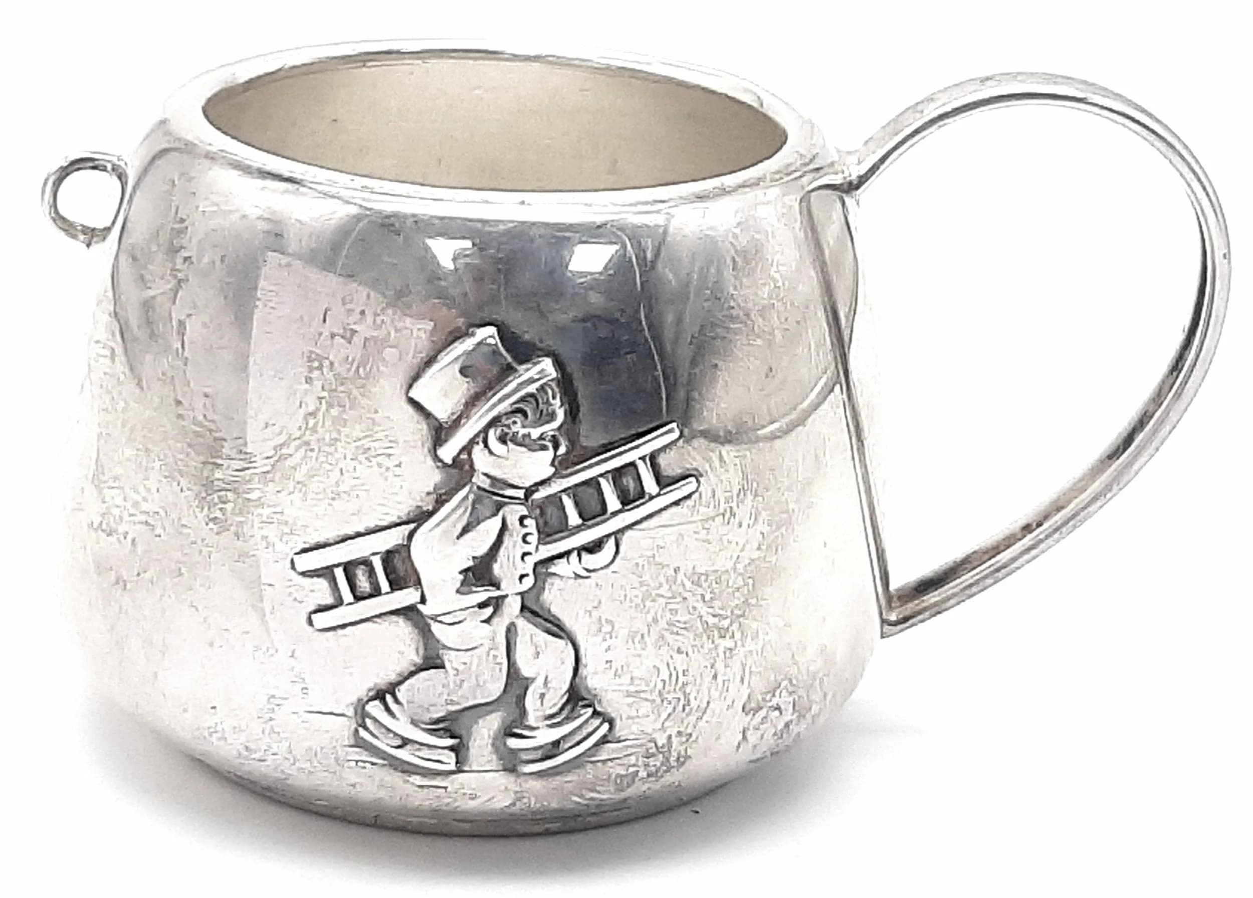 A Vintage 800 Silver Child's Cup Featuring an Embossed Design of a Chimney Sweep! 6cm tall. 80.45g.
