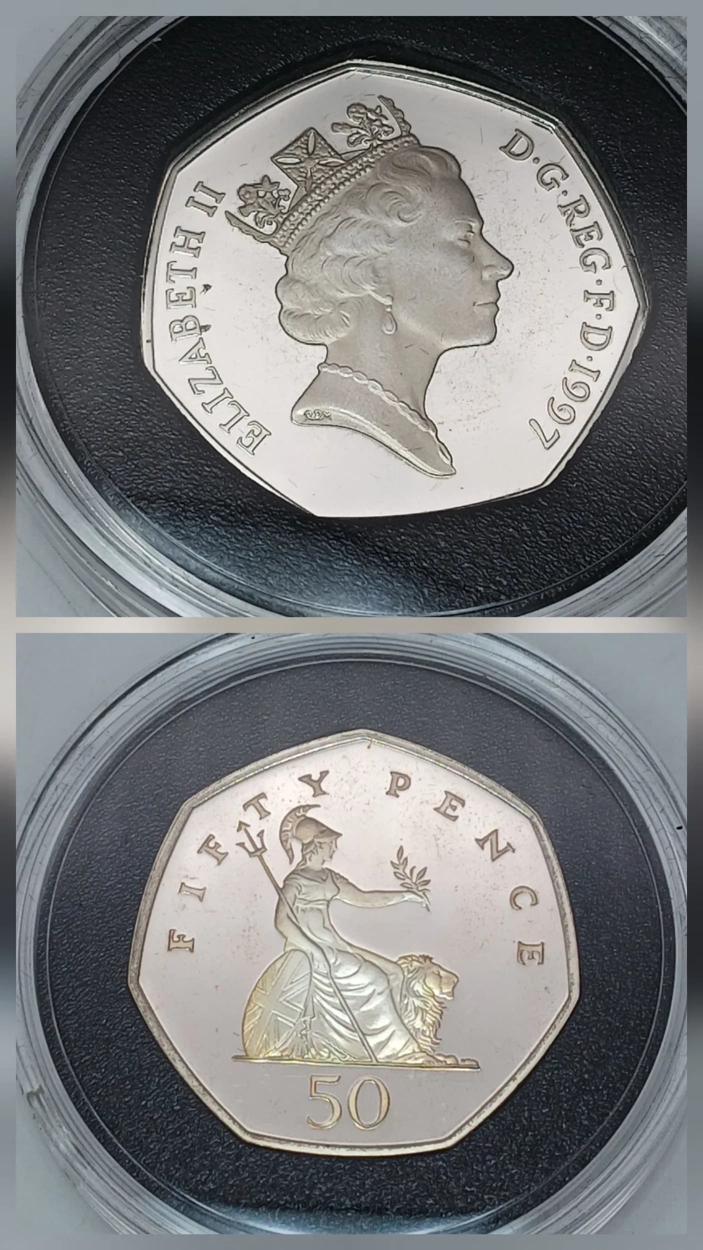 1997 SILVER PROOF FIFTY PENCE COIN, complete with original case and certificate of authenticity. Sealed and uncirculated. Please see pictures.