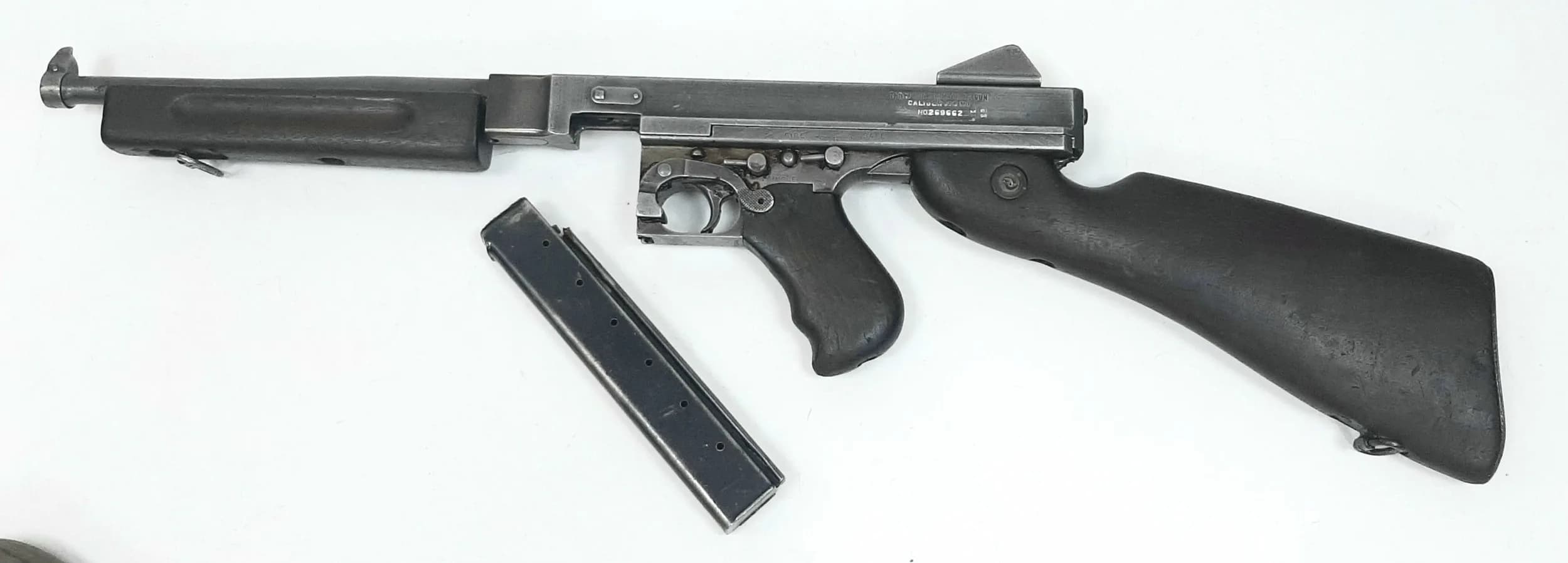 A Classic USA Deactivated Vintage Thompson M1 Submachine Gun. Calibre -.45 with an 11 inch barrel length. Comes with an EU deactivation certificate. EU/UK sales only - Not Holland. UK Mainland Shipping Only.