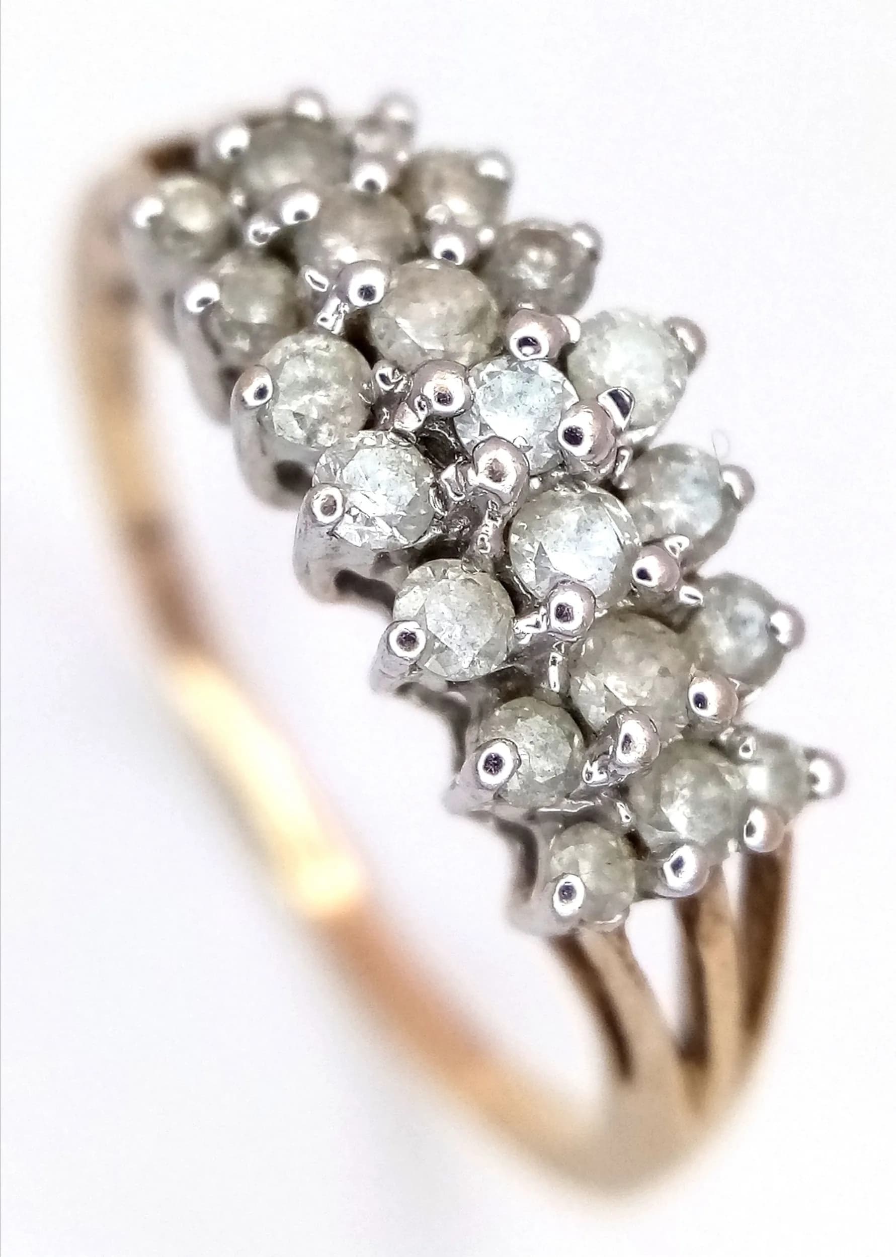 A 9K YELLOW GOLD, DIAMOND SET, 3 ROW RING. 0.25CTW. 2G, SIZE P. SC 7022