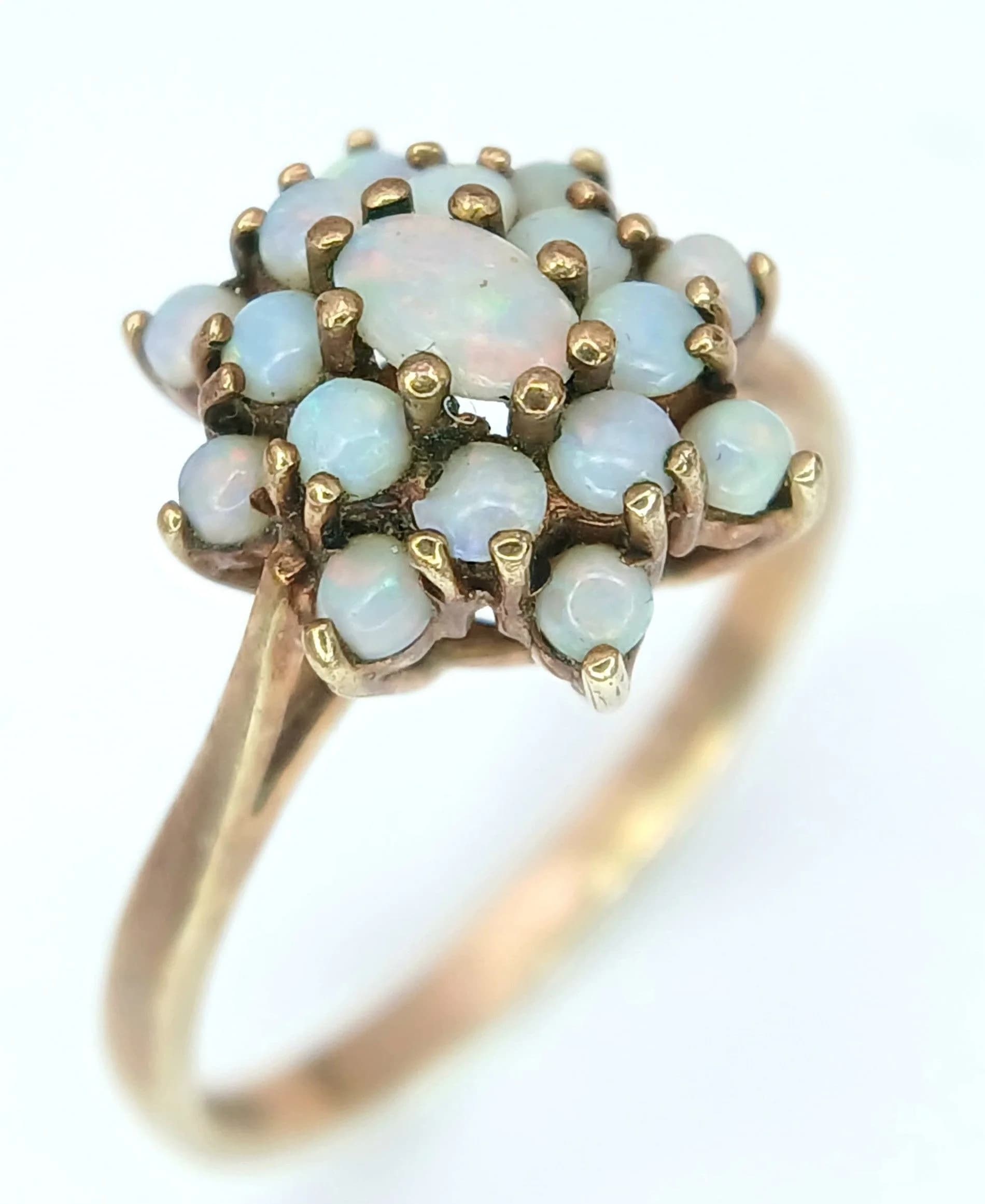 Classic Vintage 9 CARAT GOLD, OPAL CLUSTER RING. Full UK hallmark. 2.5 Grams. Size O 1/2 - P. Please see pictures.