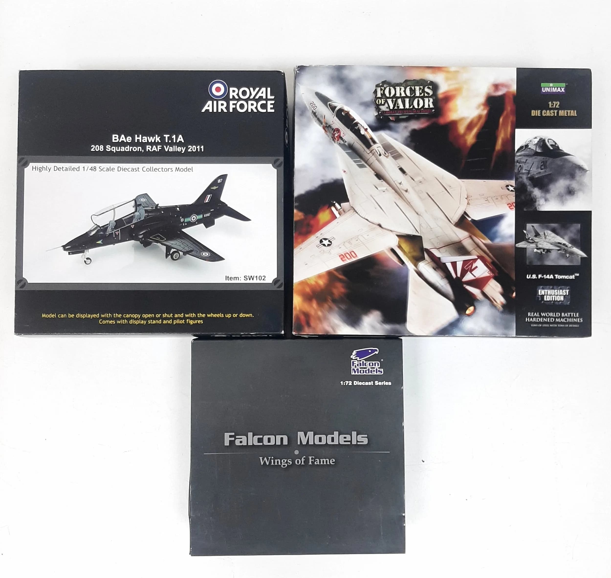 Three die cast aeroplanes by Unimax, Falcon models & Squadron wings. 1/72 & 1/48 scale. These have never been out their boxes on display. Good condition. Slight wear to boxes from storage.