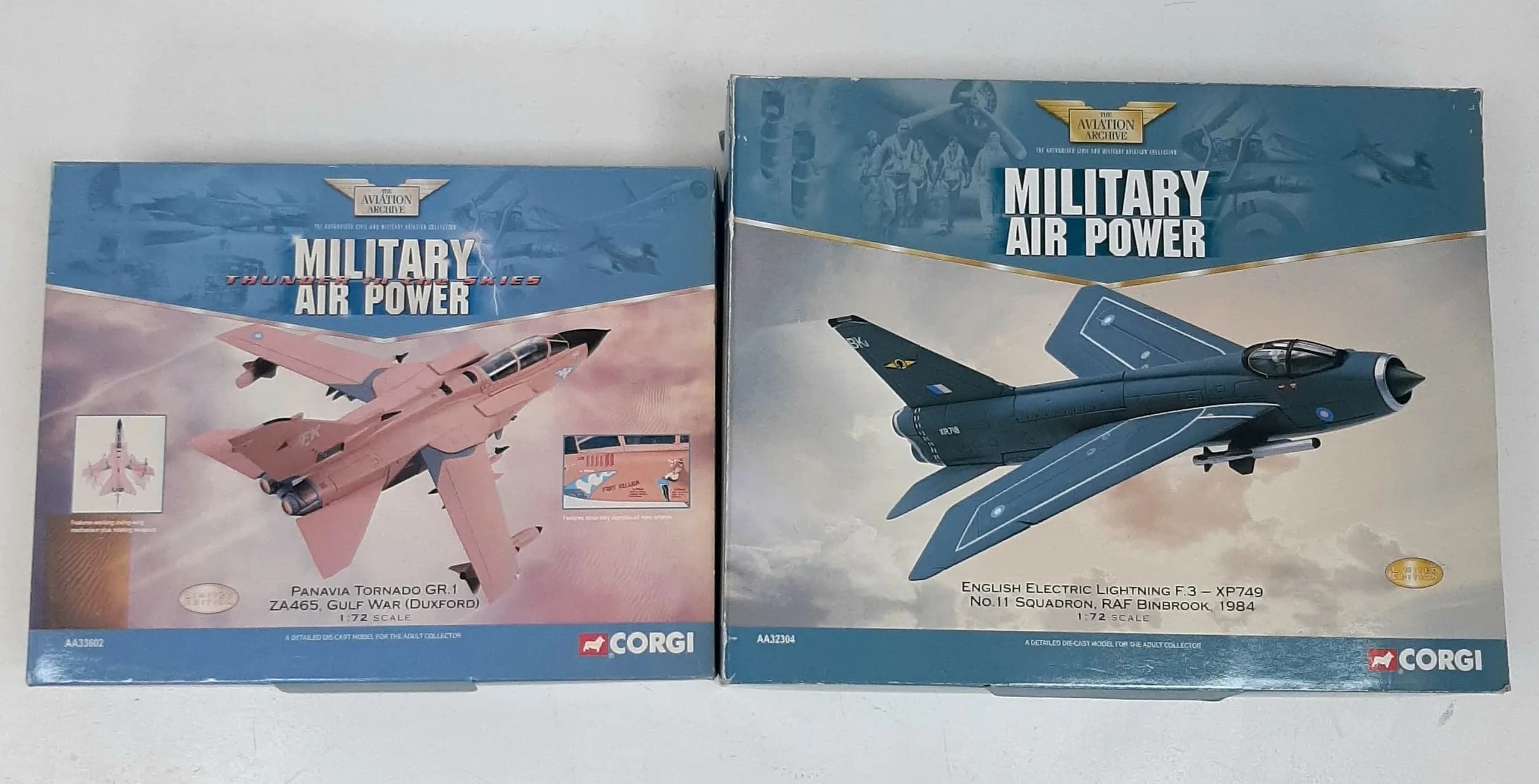 Two Corgi Aviation Archive, Military Air Power, 1/72 scale die cast aeroplanes. Including a Panavia Tornado GR1 & an English Electric Lightning F.3-XP749. These have never been out of box on display. In good condition, slight wear to boxes from storage.