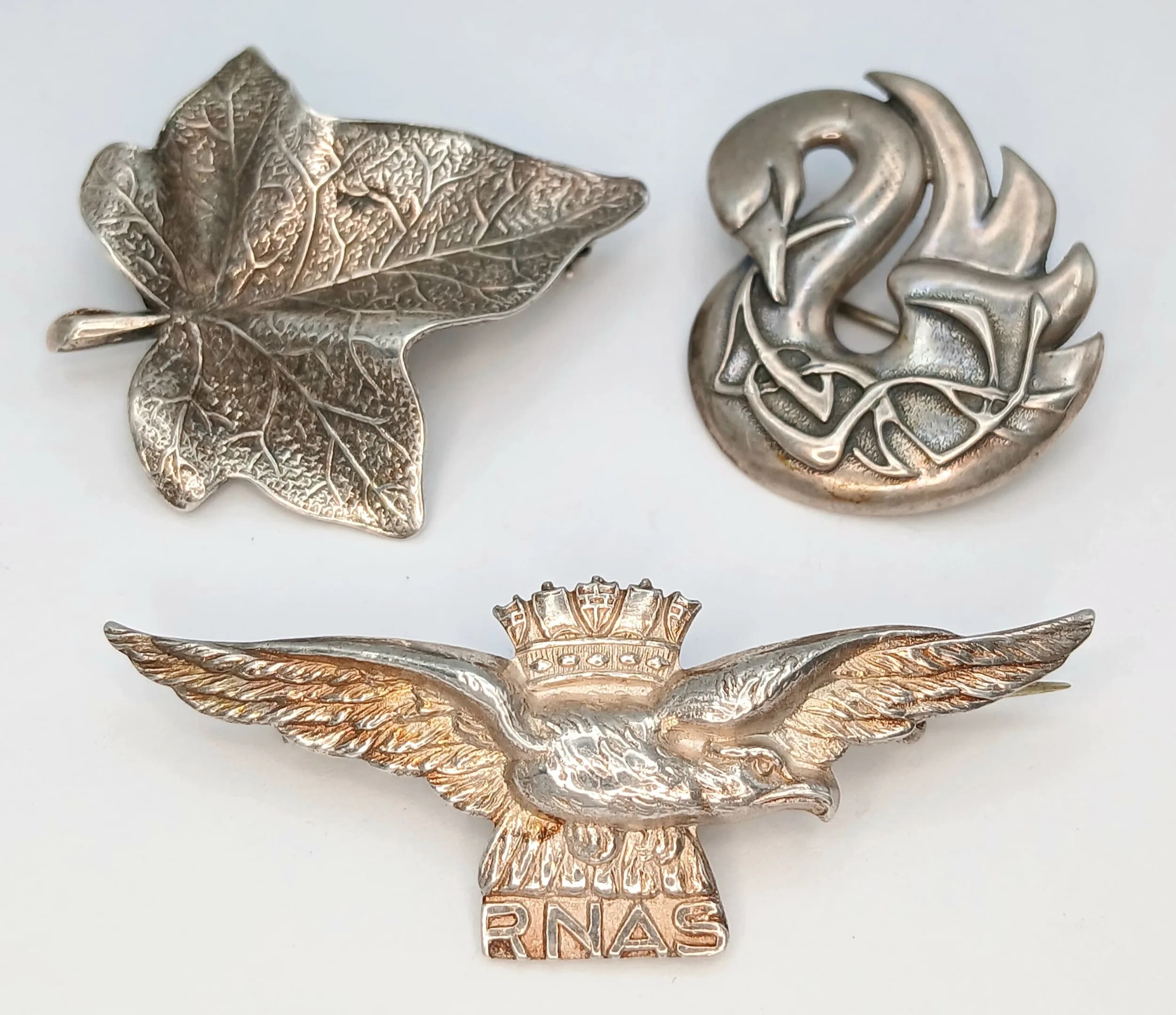 Three Different Style Sterling Silver Brooches. 5, 4 and 3cm. 22.4g.