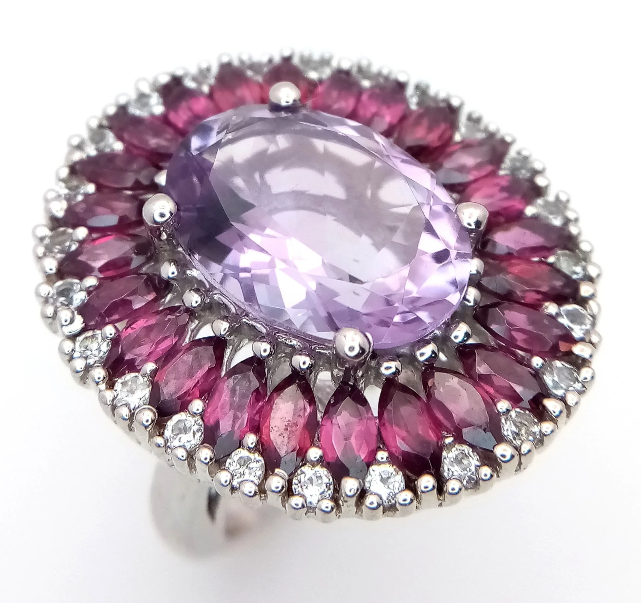 An Impressive Sterling Silver Amethyst, Pink Tourmaline and White Spinel Statement Ring Size P. Gallery underside, the Crown measures 3 x 2.5cm with the Ring having a gross weight of 12.16 grams.