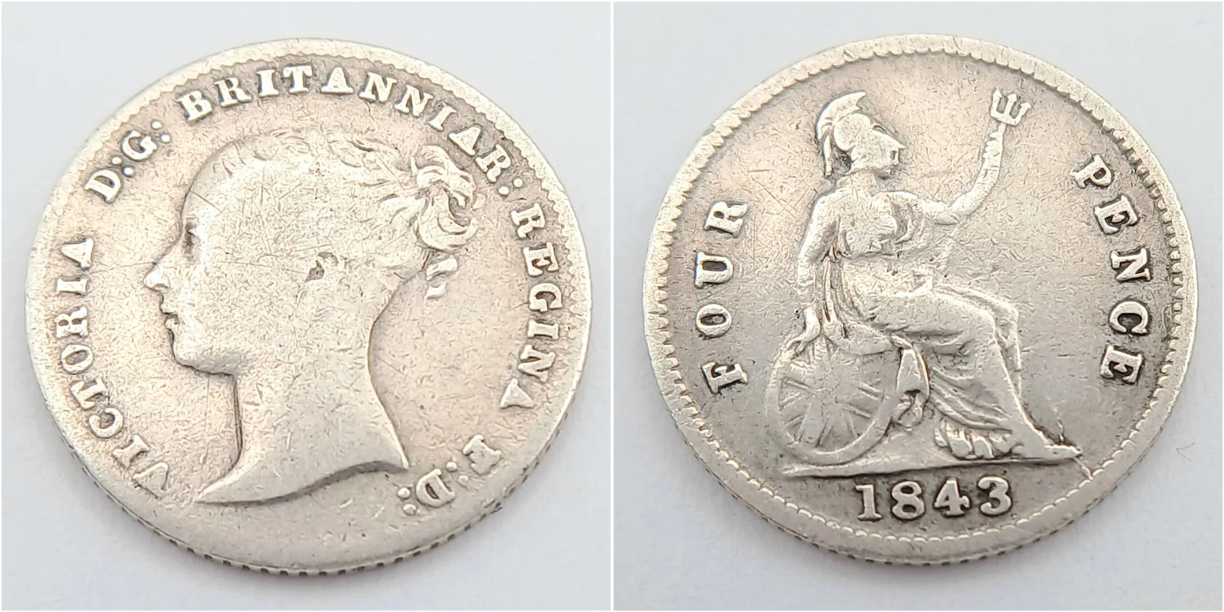 1843 SILVER FOUR PENCE COIN. Early Victoria Young Head in Very Fine Condition. Please see pictures. When my small bag