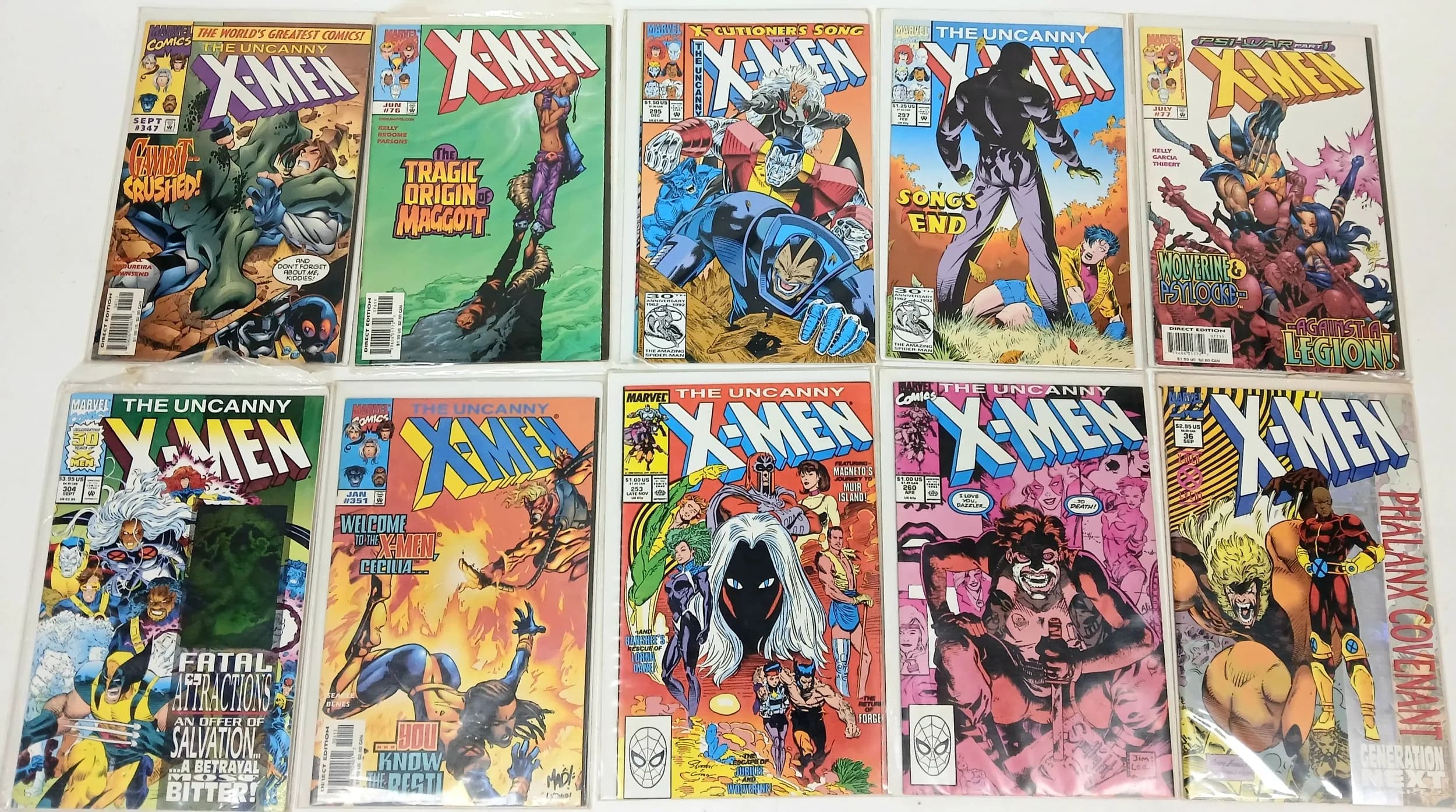 Ten Marvel X MEN comics. All plastic wrapped. Please see photos for finer details.
