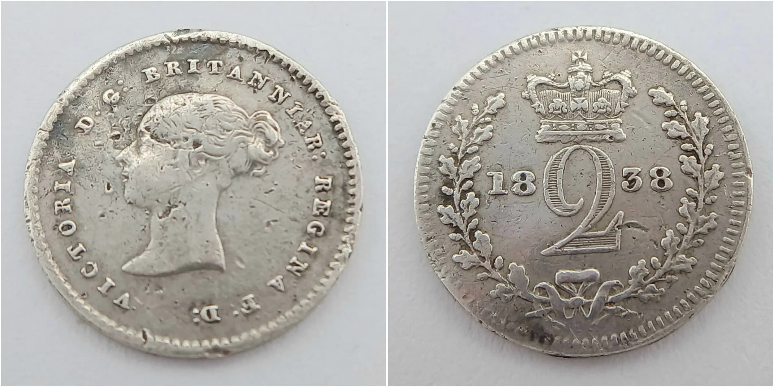 1838 SILVER MAUNDY TWO PENCE COIN. Very fine/extra fine condition. This was the first year of Queen Victoria Distributing MAUNDY MONEY.