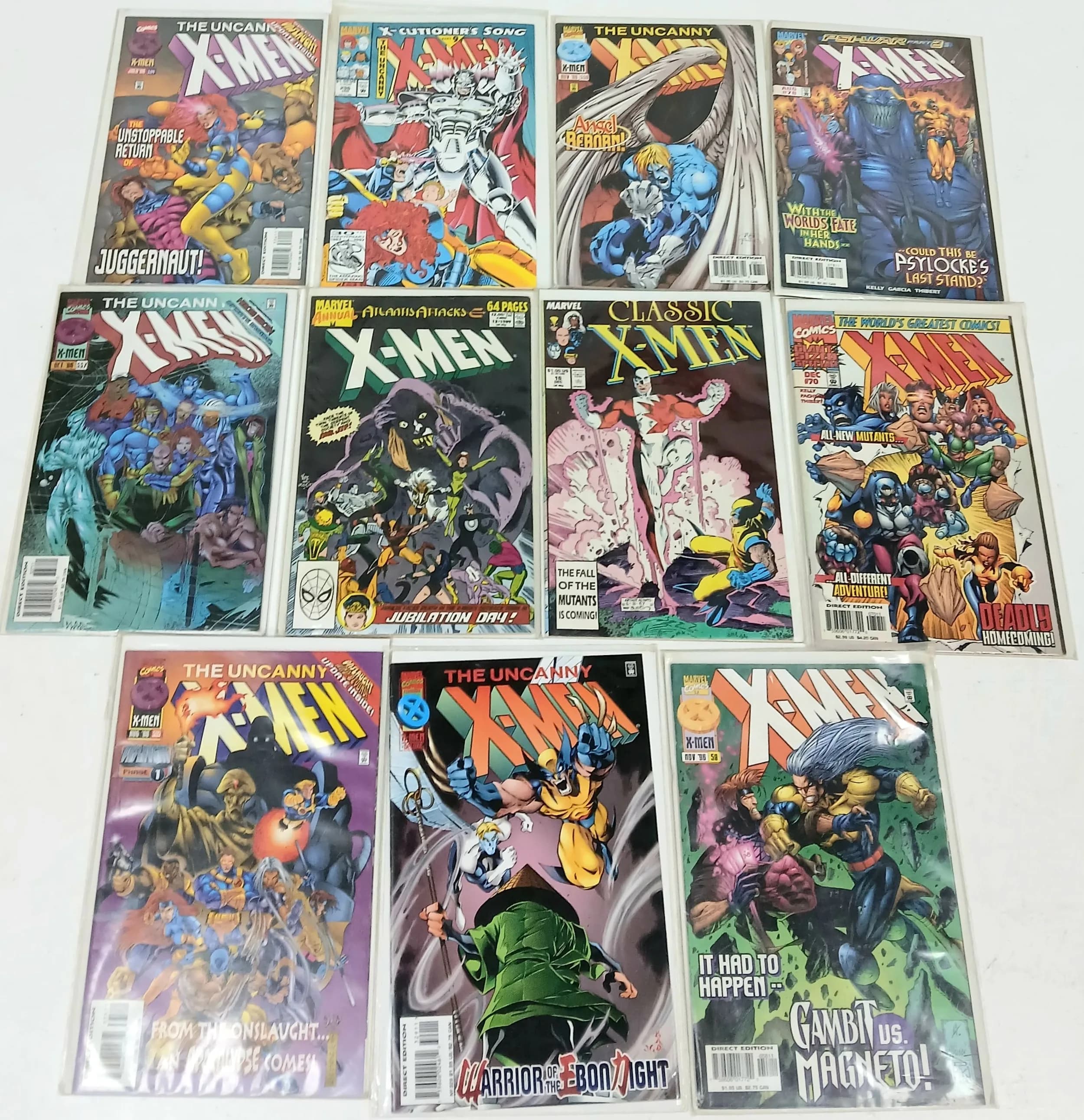 Eleven Marvel X MEN comics. All plastic wrapped. Please see photos for finer details.