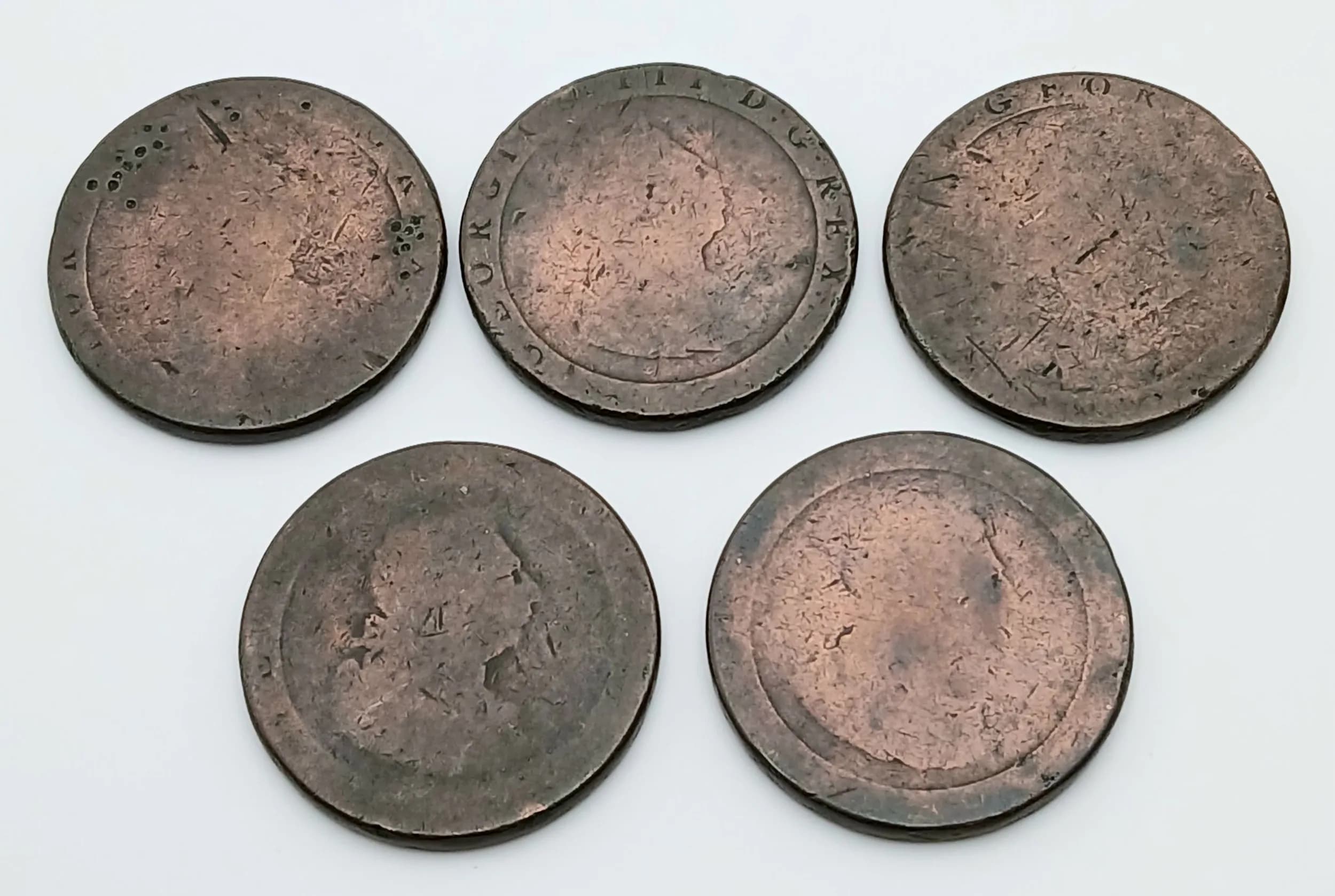 5 WORN CARTWHEEL PENNIES coins.