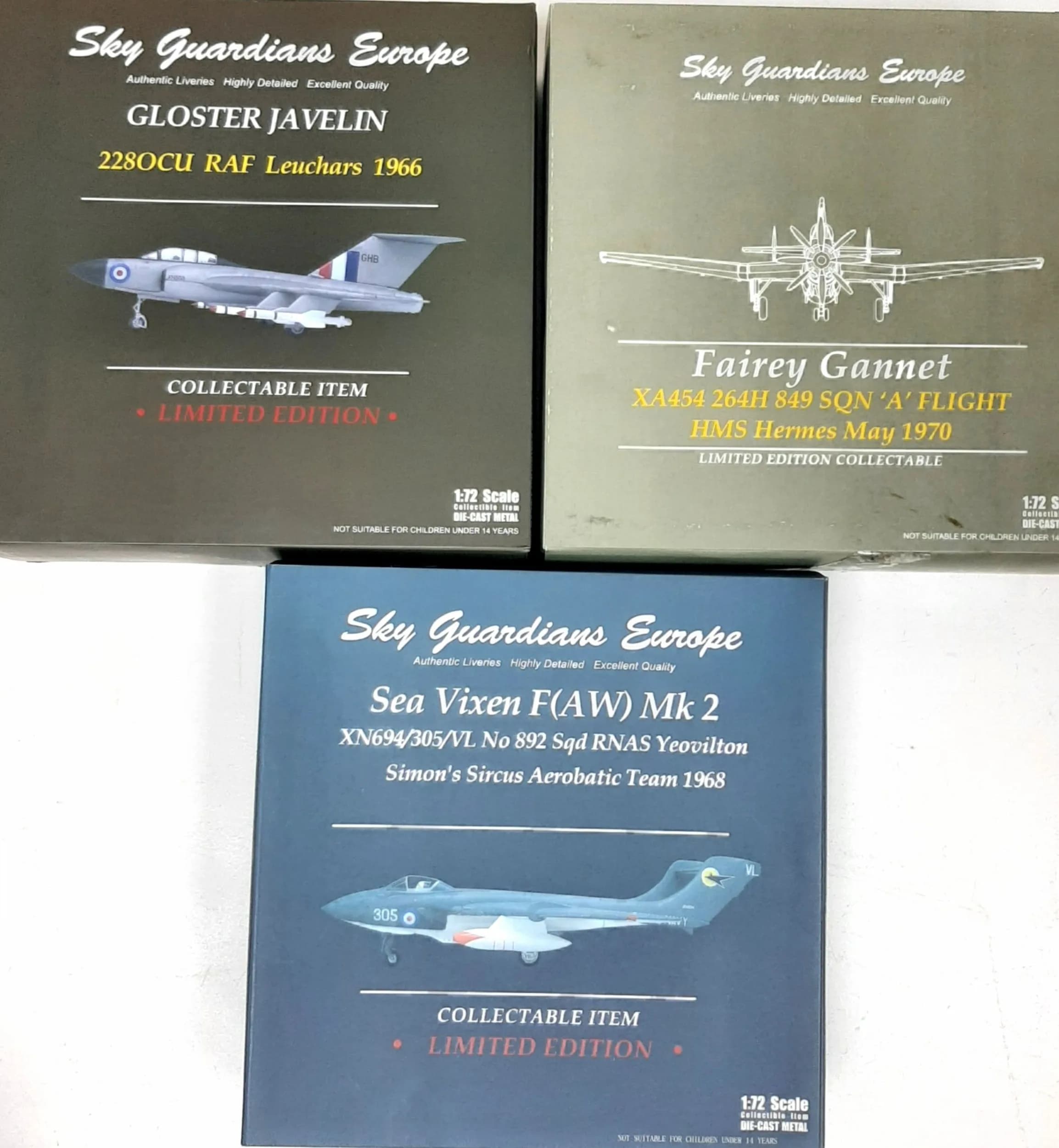 Three Sky guardians Europe, 1/72 scale die cast aeroplanes.. To include a Sea Vixen F(AW) MK2, a Gloster Javelin and a Fairey Gannet. In good condition, these have never been on display.
