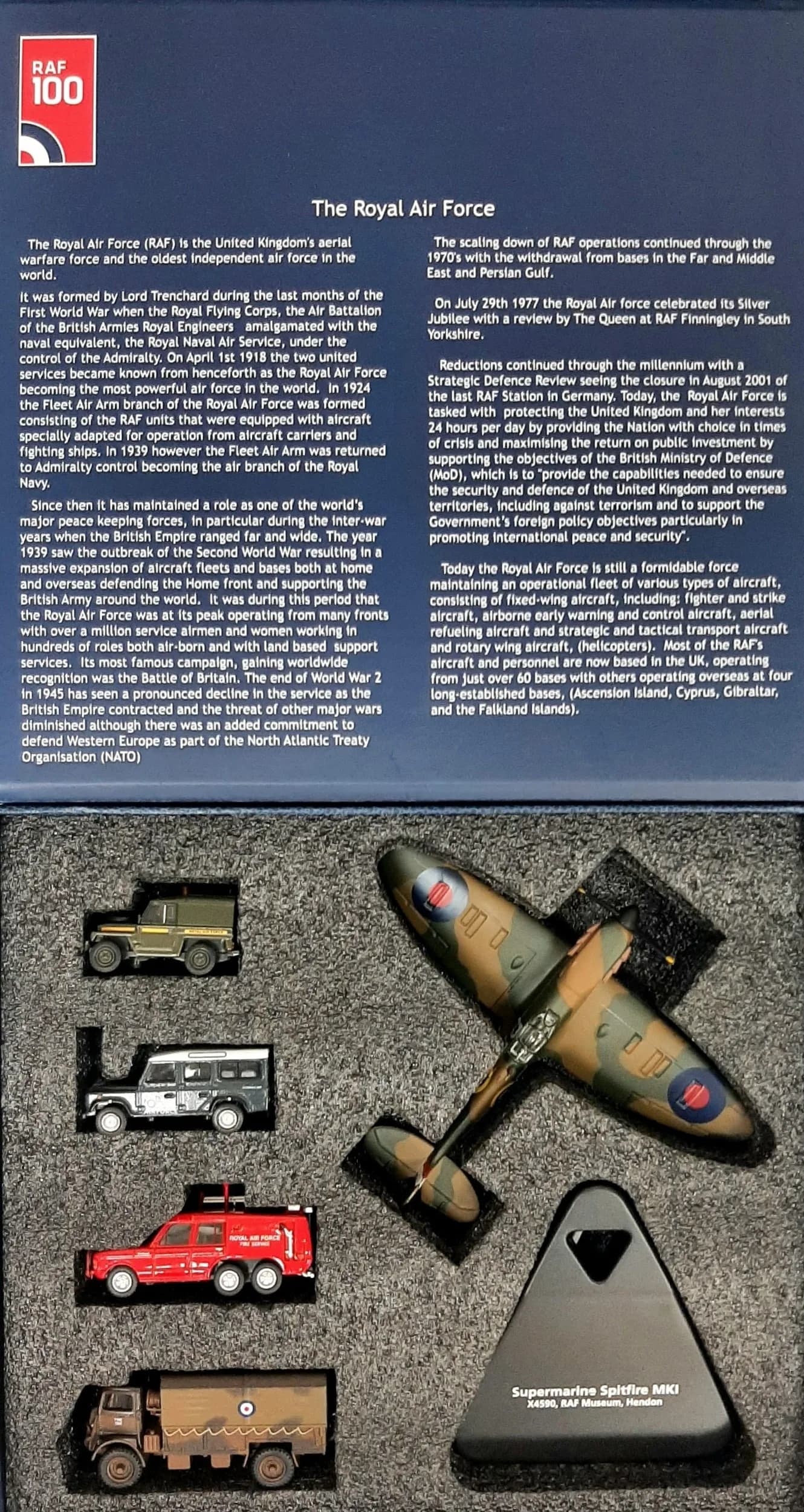 An Oxford die cast, 1/76 scale RAF Centenary set. The set includes a Spitfire and 4 military ground vehicles. Good condition, never been on display.