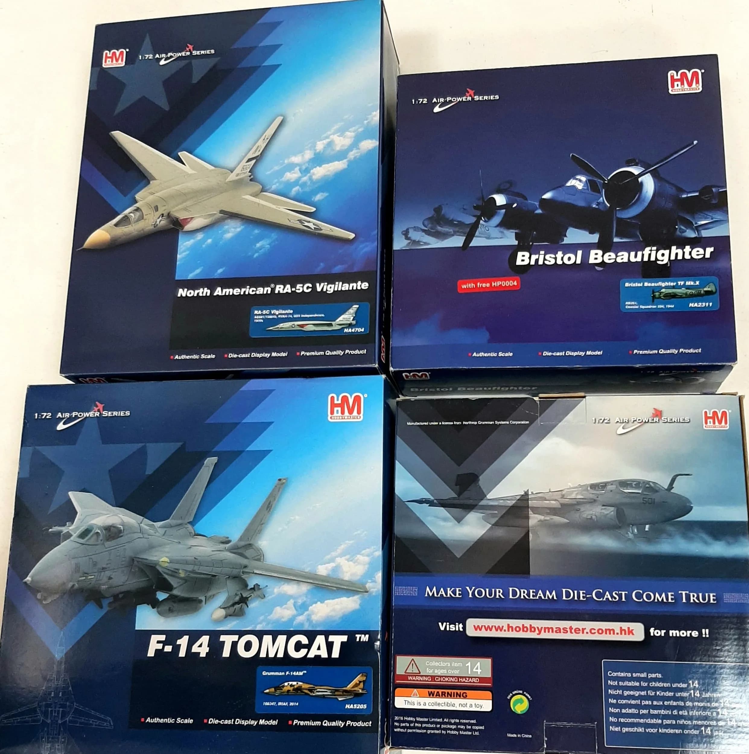 Four Hobby Master, air power series, 1/72 scale die cast model aeroplanes. To include a Grumman EA-6B Prowler, a Bristol Beaufighter, a North American RA-5C Vigilante. In very good condition. These have never been out of the box on display.