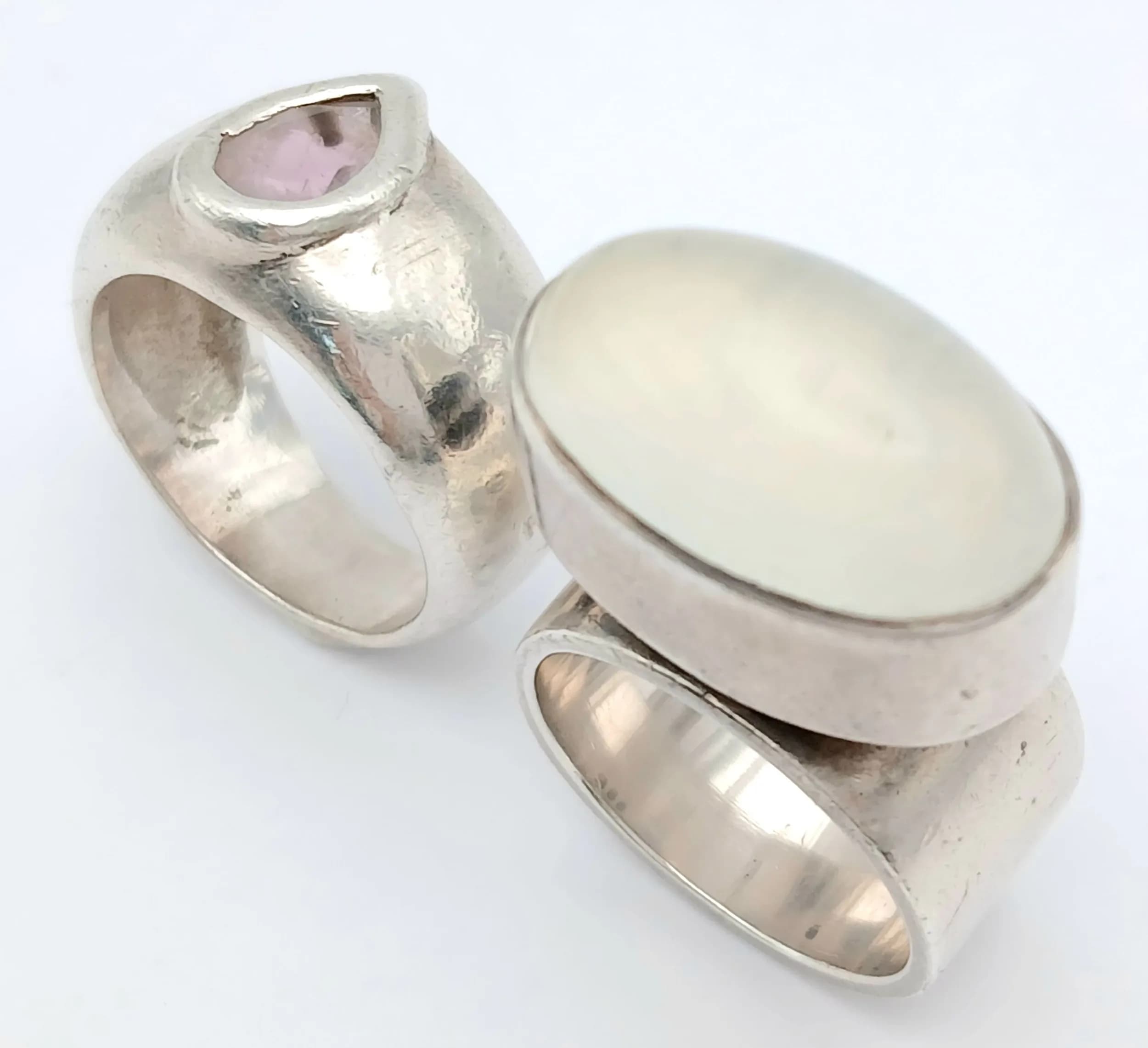 Two Sterling Silver Stone Set Rings. Amethyst and Moonstone. Size L 1/2 and size M. 23g total weight.