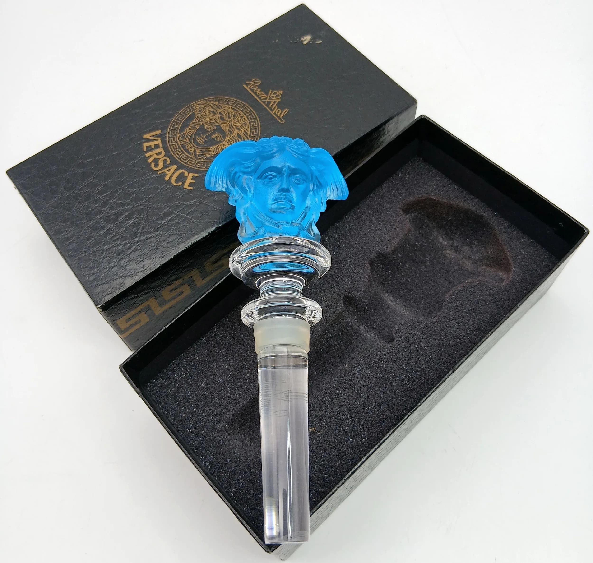 A Vintage Frosted Glass Crystal Rosenthal Medusa Head Bottle Stopper by Versace. 14cm Length. Comes in original box, appears unused.