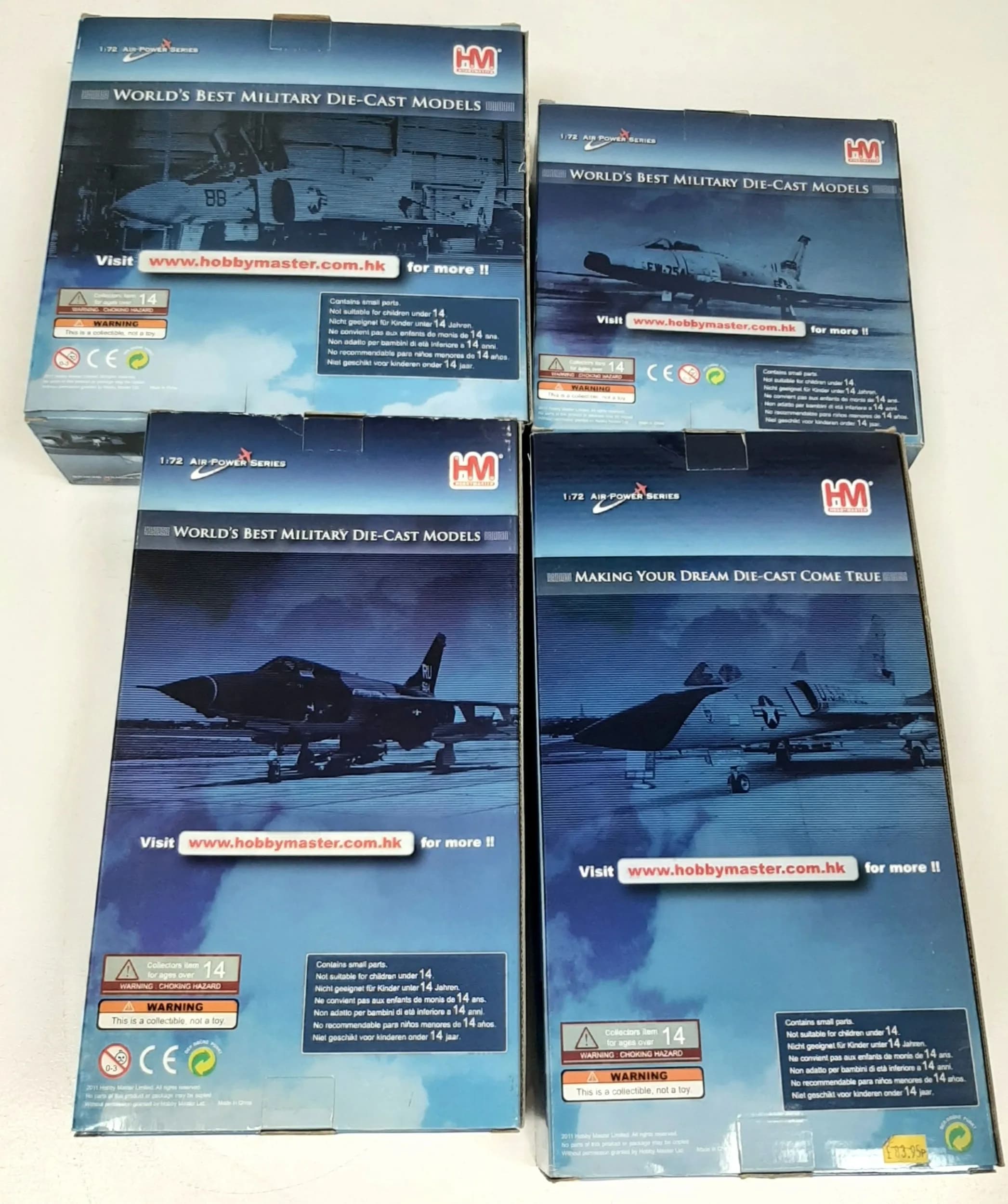 Four Hobby Master, air power series, 1/72 scale die cast model aeroplanes. To include a F-100D Super Sabre, a McDonnell Douglas F-4 Phantom II, a F-105 Thunderchief and a F-106A Delta Dart. In very good condition, these have never been 0ut the box on display.