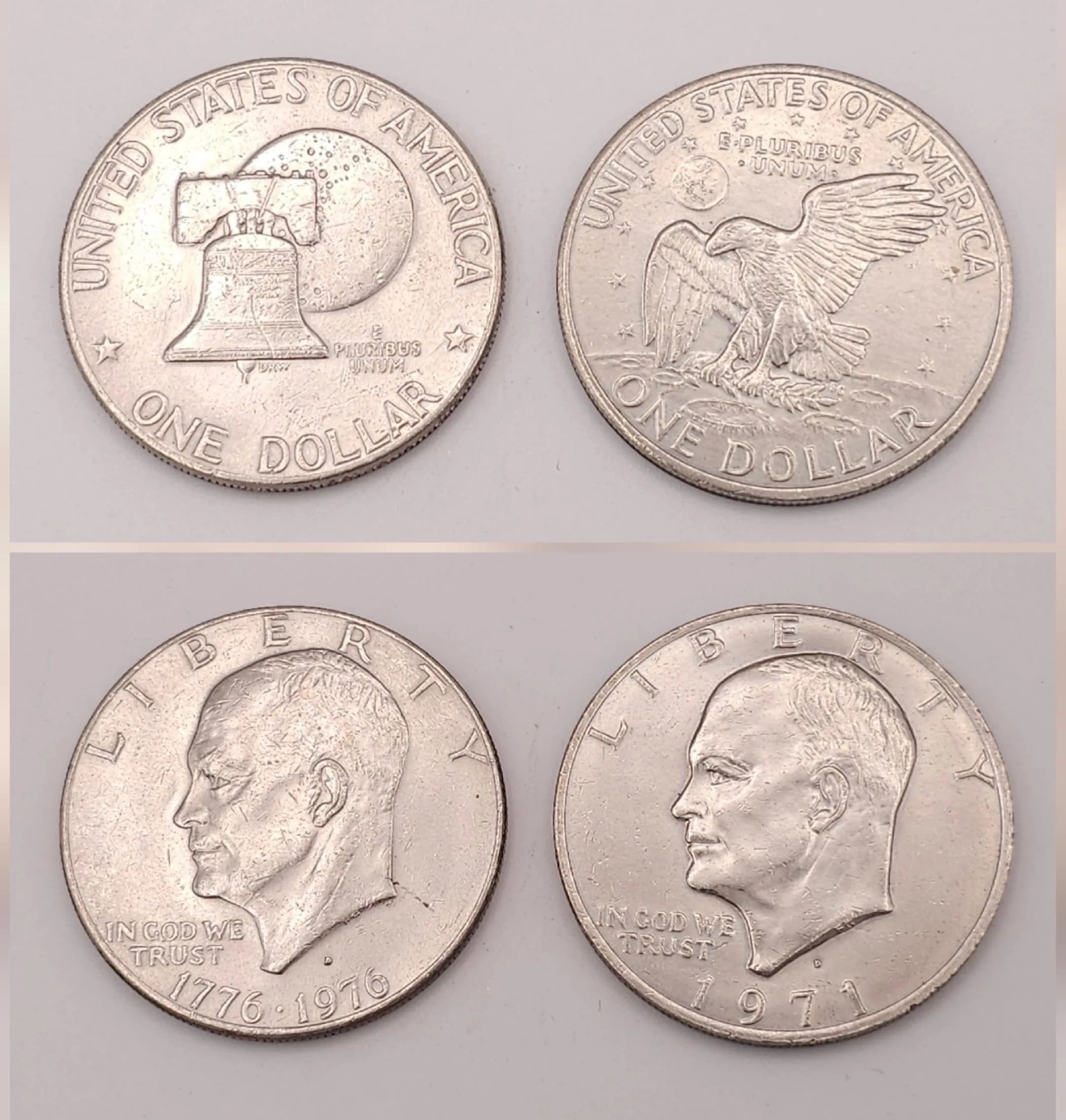 Two United States Eisenhower One Dollar Coins. Comprising a 1976 Bicentennial Eisenhower One Dollar coin and a 1971 Eisenhower One Dollar coin. Copper-nickel clad examples.