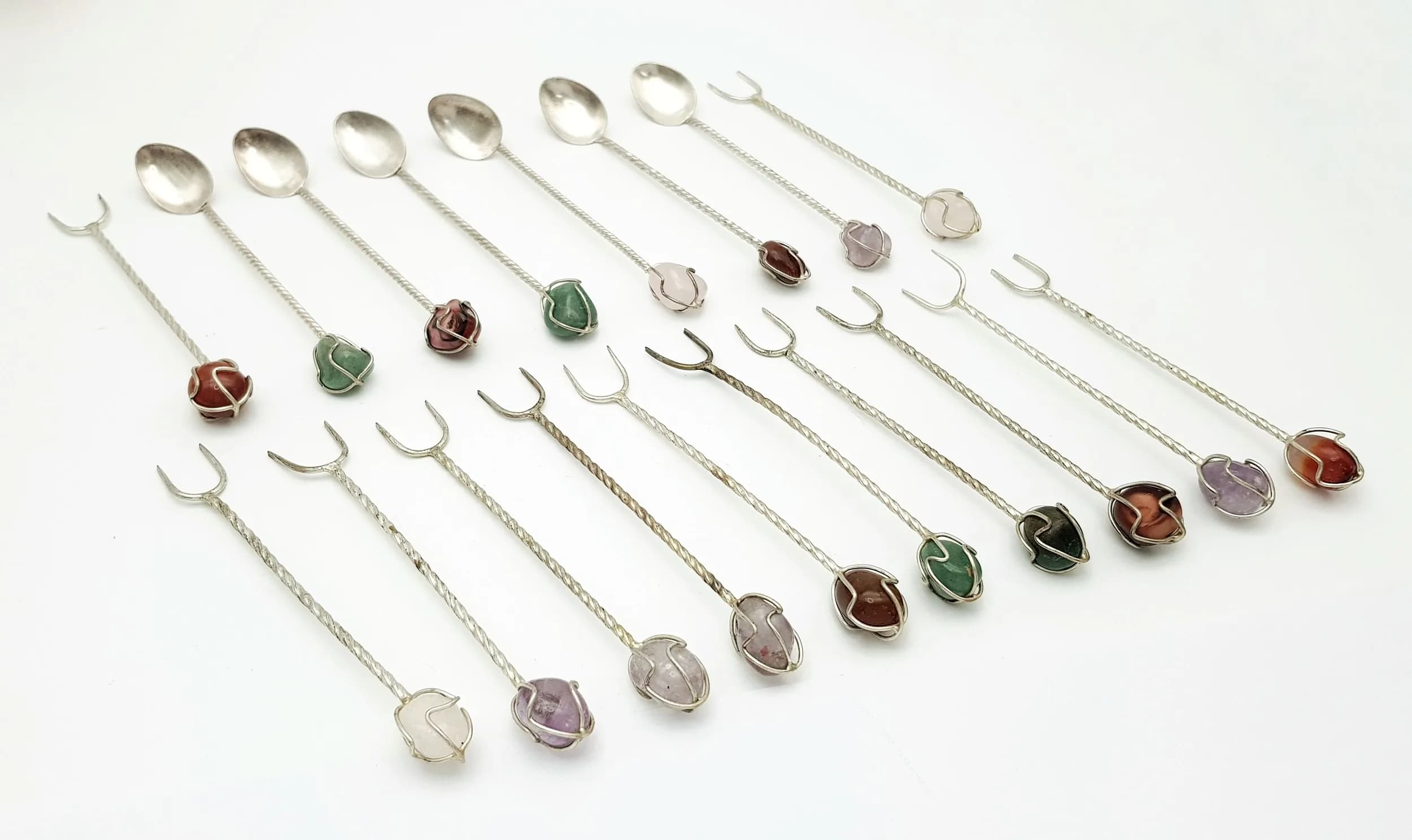 A Fantastic Selection of 18 Vintage Silver Plated Cocktail Spoons and Forks with Gemstone Finials! 10cm.