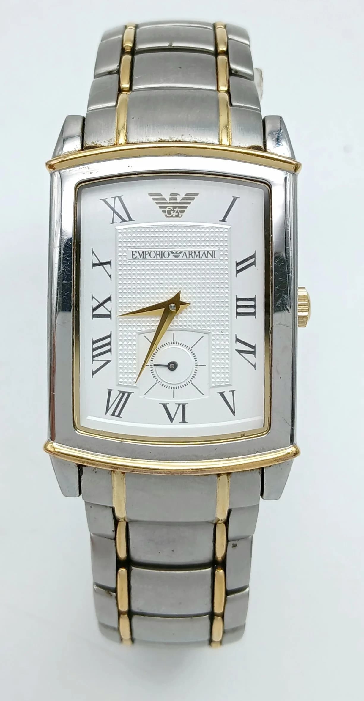 AN EMPORIO ARMANI, 2 TONE, BRACELET WATCH. MODEL AR 0241. IN FULL WORKING ORDER. NEW BATTERY FITTED RECENTLY. S/A 1693 - 5