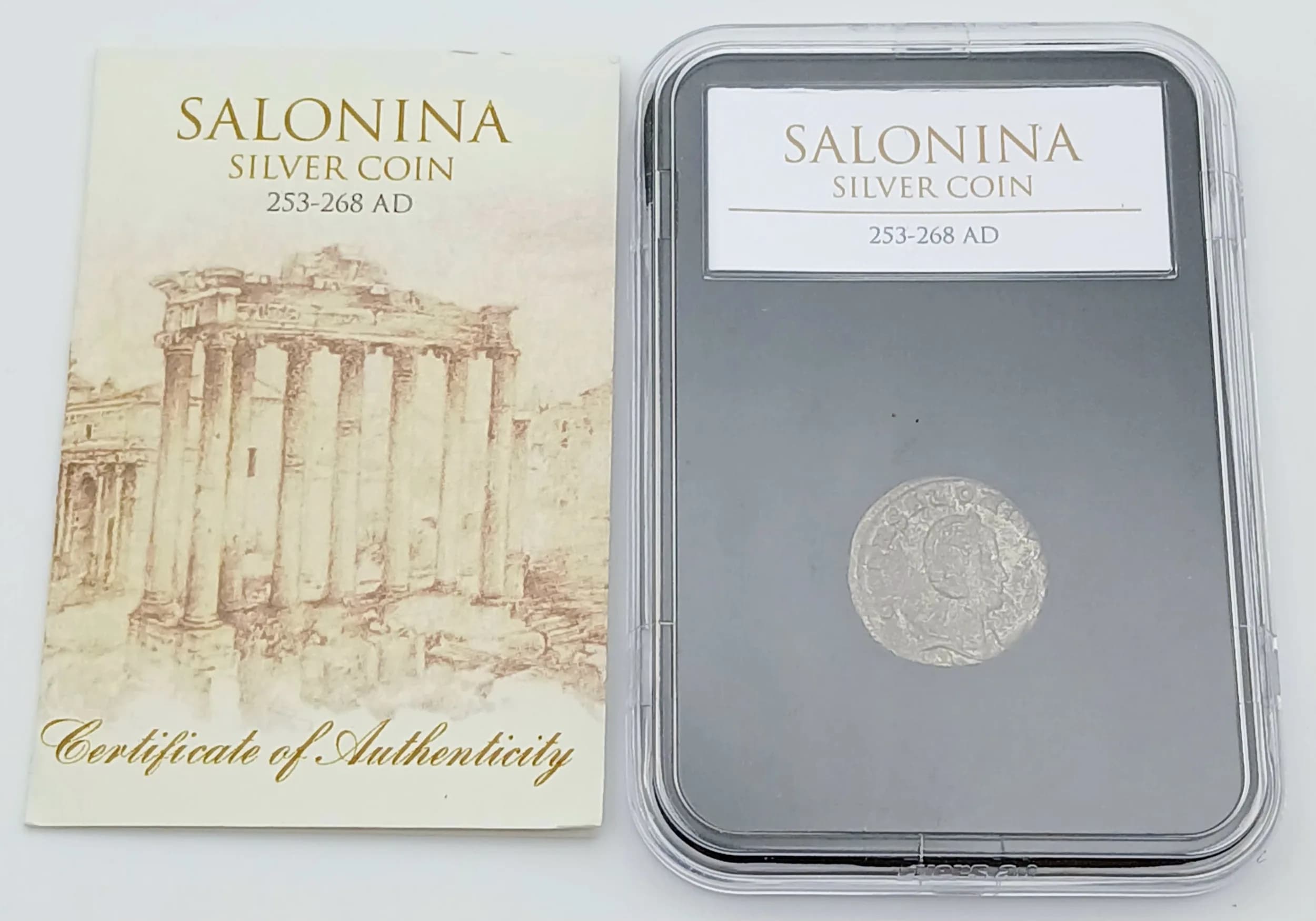 An Ancient Roman ‘Slabbed’ Silver Salonina Coin (253-268 AD). Complete with Certificate of Authenticity.