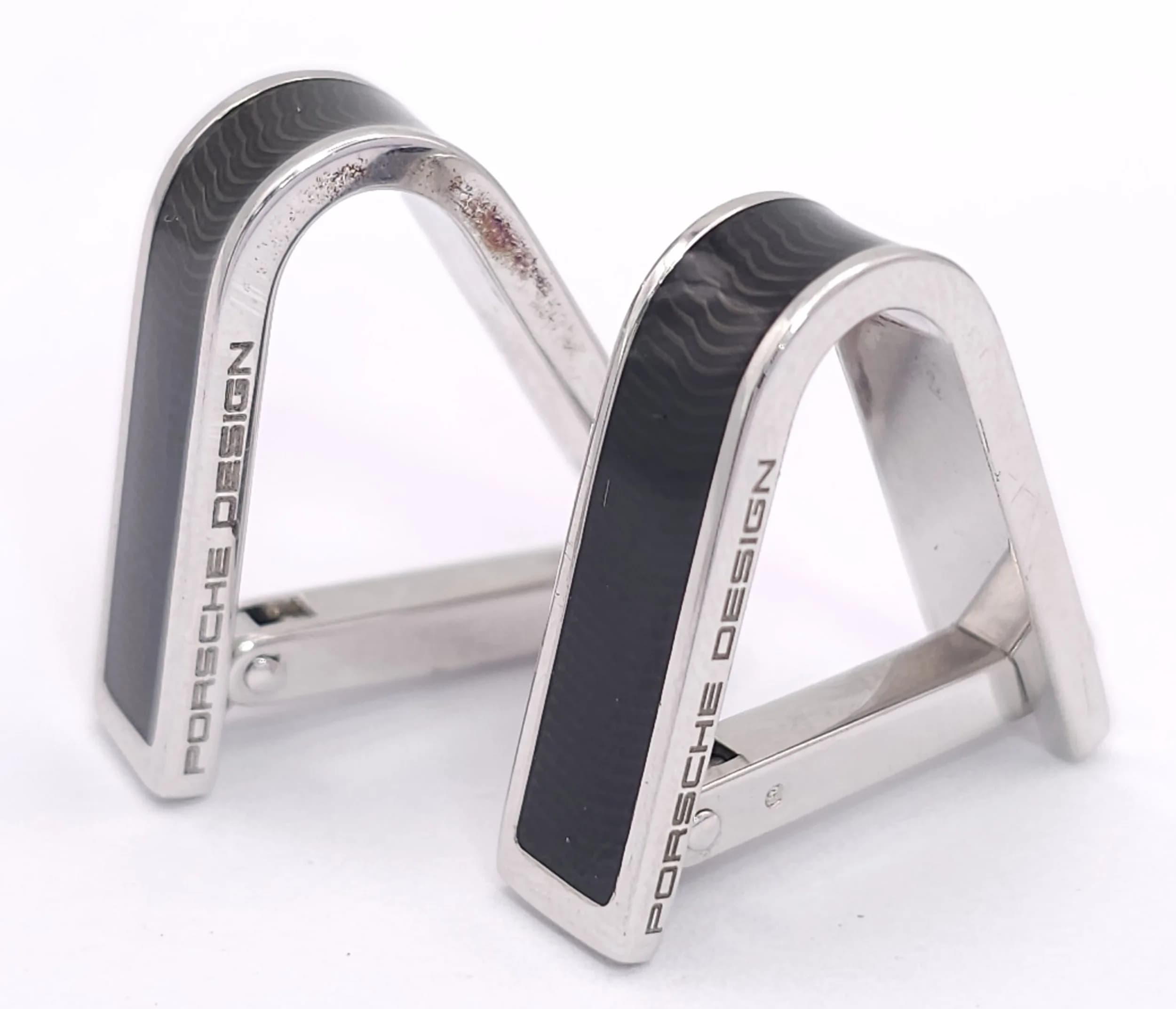 A Stylish Pair of Sterling Silver and Black Enamel Porsche Design Cufflinks Model P’3400. In Original box and appear practically unworn.