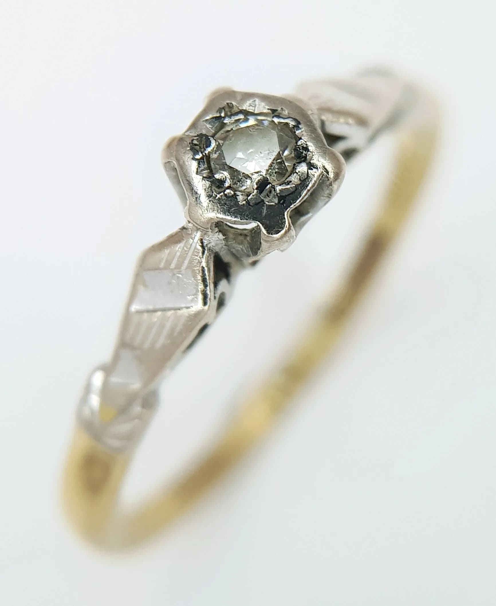 A Vintage 18K Yellow Gold, Platinum and Diamond Ring. Size N. 2.5g total weight.