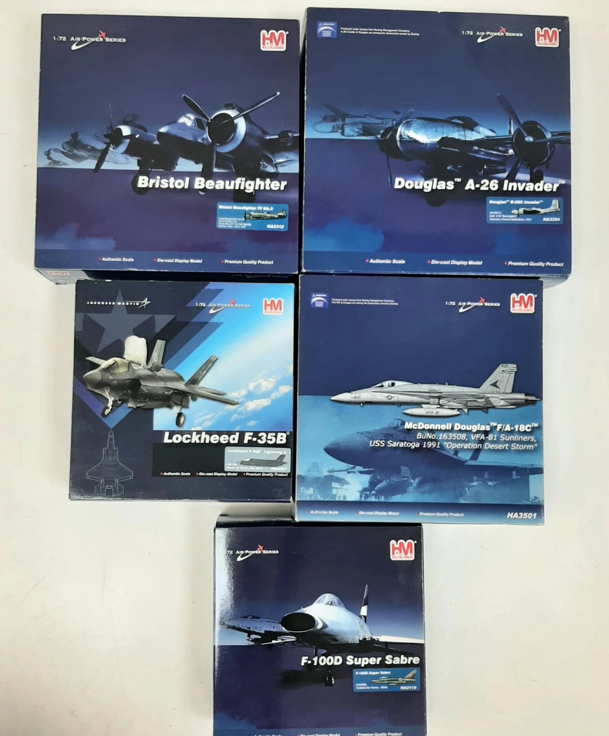 Five Hobby Master, air power series, 1/72 scale die cast model aeroplanes. To include a F-100D Super Sabre, a Lockheed F-35B, a Bristol Beaufighter, a McDonnell Douglas F/A-18C and a Douglas A-2/26 Invader. In very good condition, these have never been out the boxes on display.